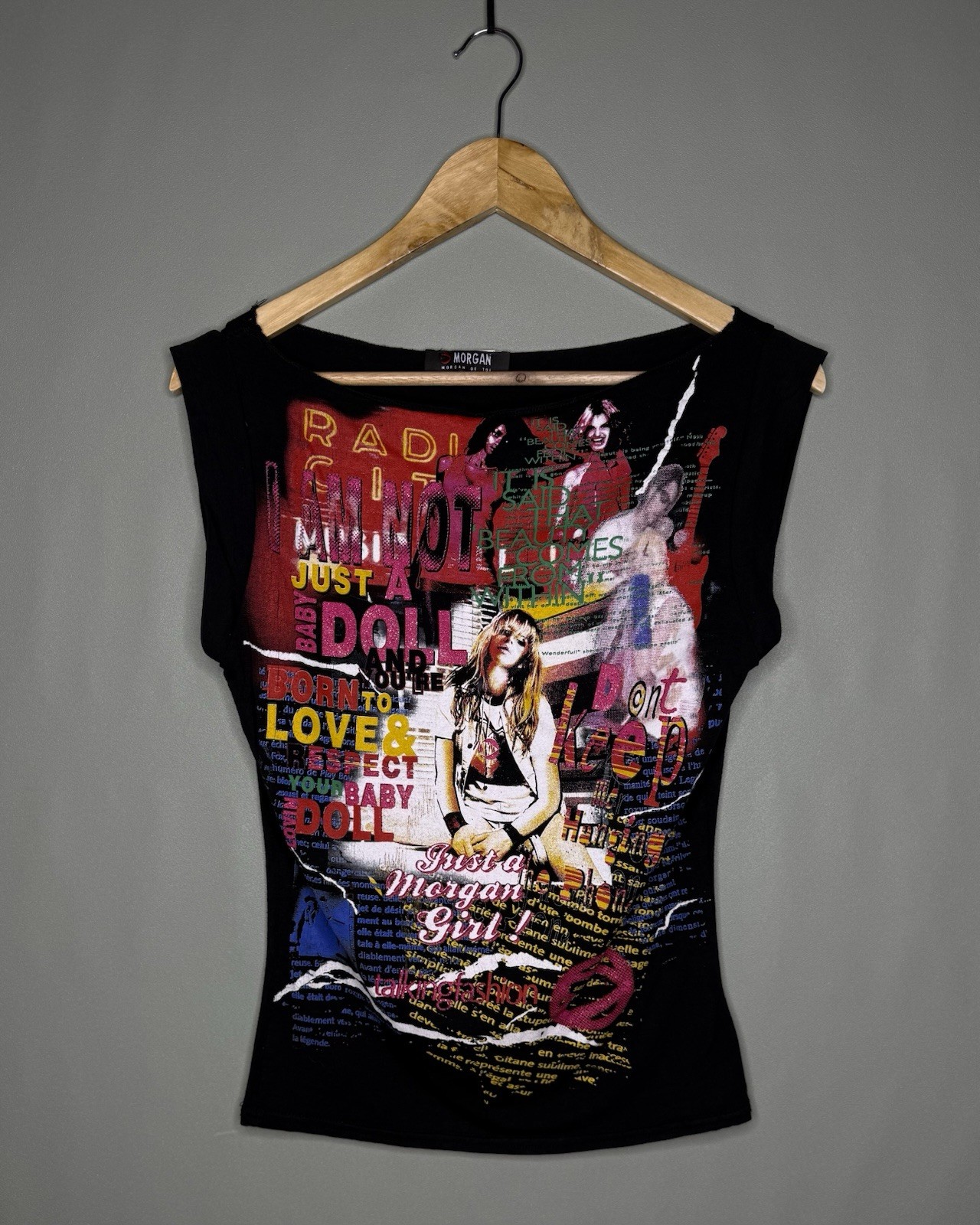 Morgan De Toi Vintage 00s Y2K Big Logo T Shirt Tank Top Morgan Girl Logo Black