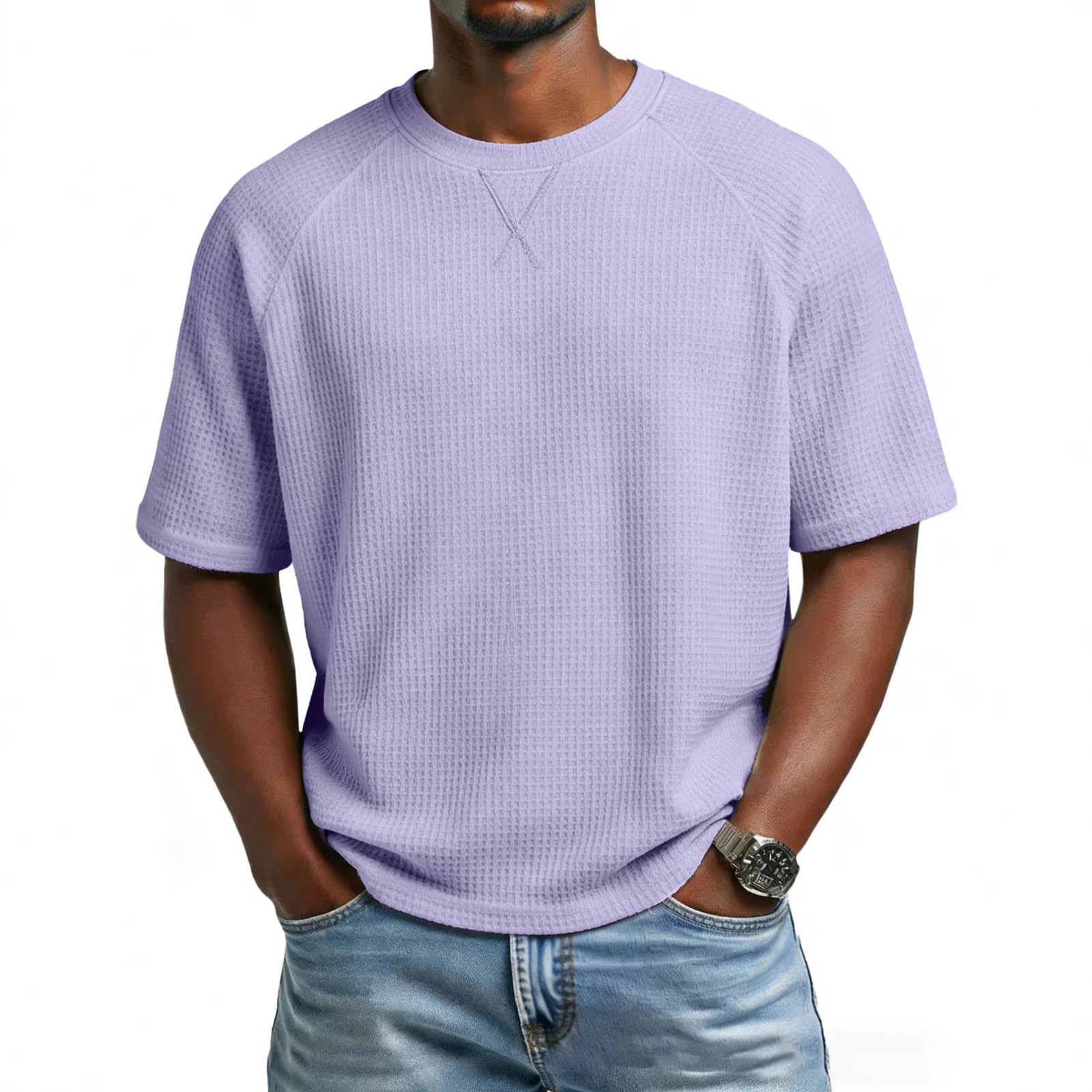 Men’s solid color embroidered raglan crew neck casual sports short sleeve