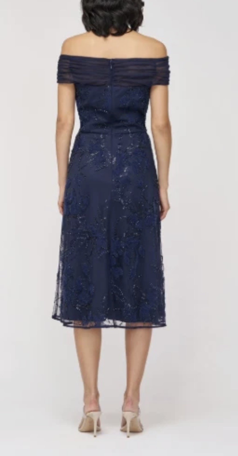 NWT J&S Collection Gemma Off Shoulder Navy beaded Cocktail Gown Dress