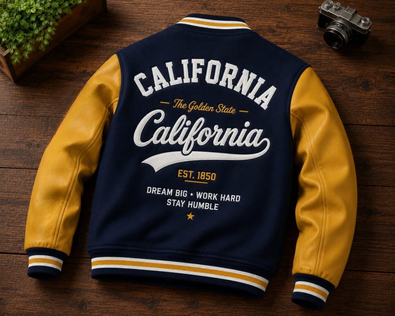 California Varsity Jacket Navy Yellow Leather Sleeves Letterman Jacket Men