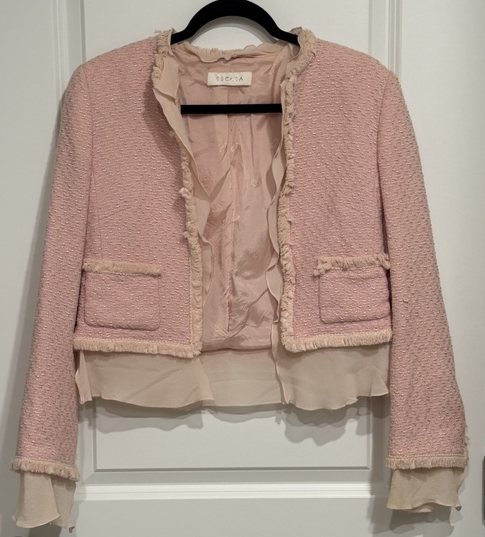 ESCADA Women’s Pink Open Front Fringe Ruffle Trim Lined Jacket Garden Party VTG