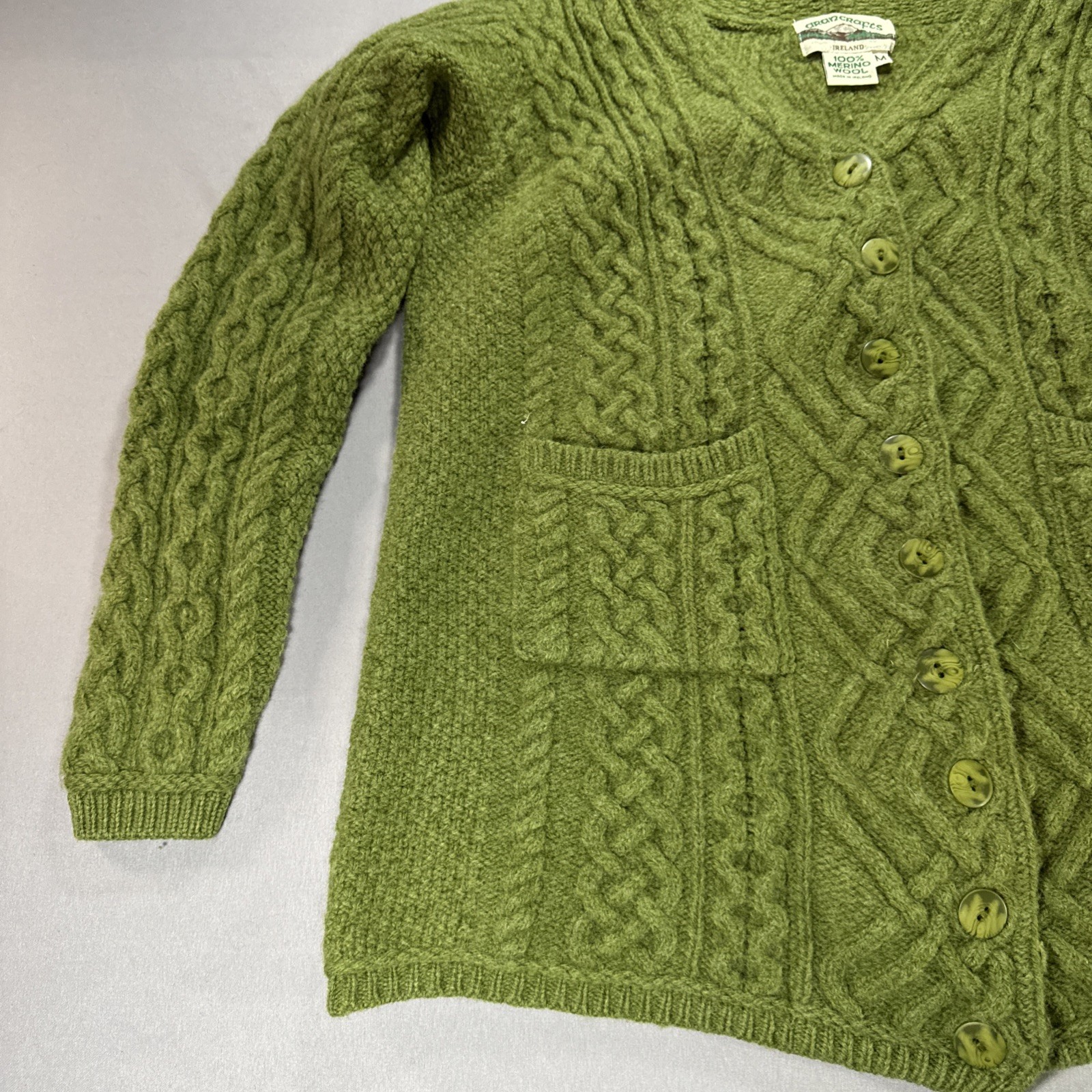 Aran Crafts Cable Knit Cardigan Womens M Green Merino Wool Ireland Cottagecore