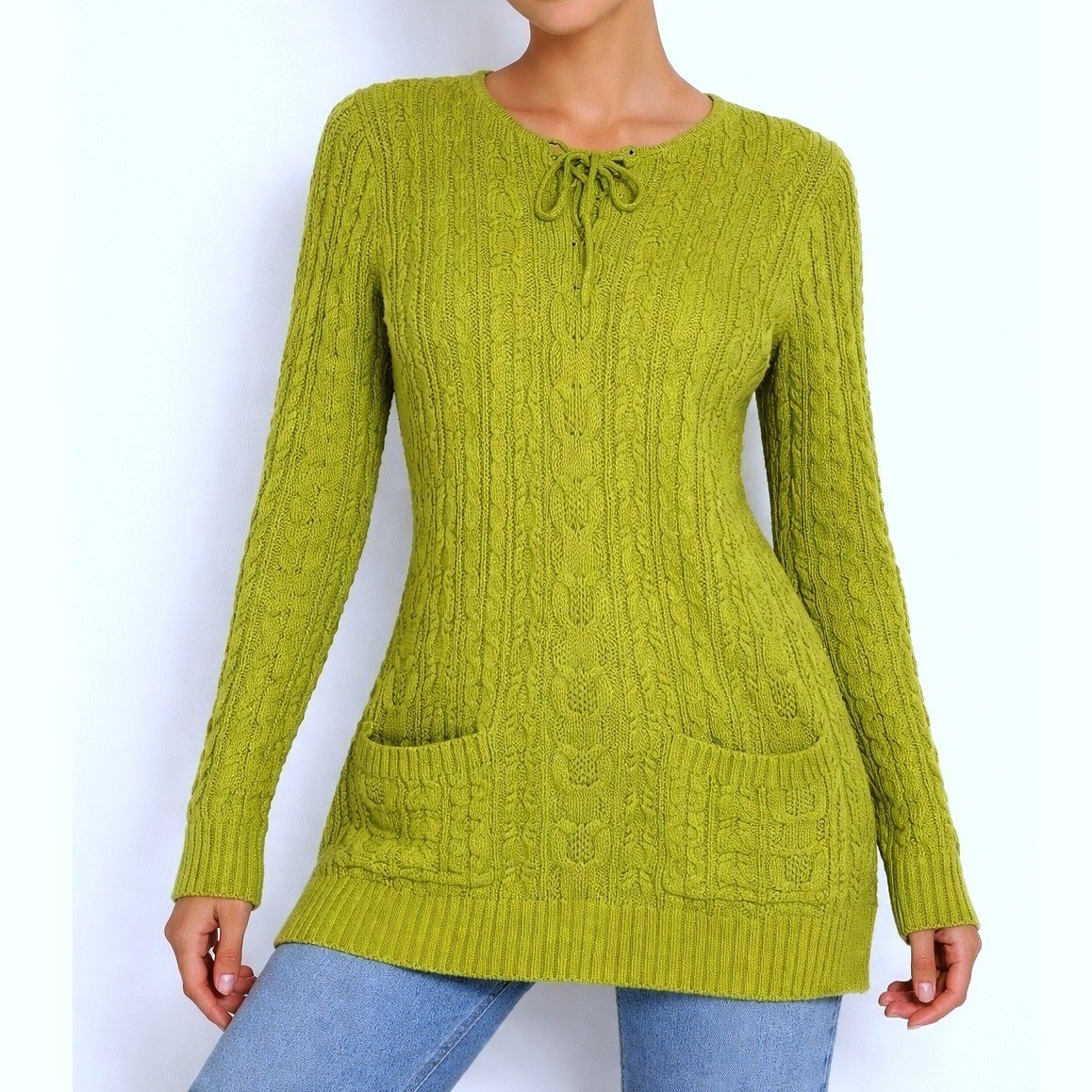 Jeanne Pierre Cable Knit Tunic Sweater Lace Up Green Womens Size Small S Pockets