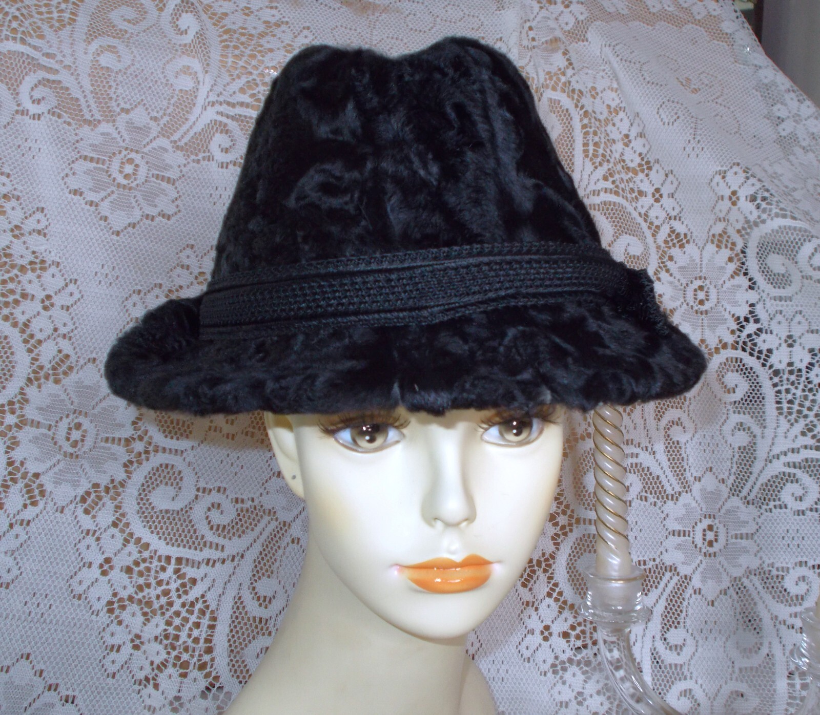 Vtg Regency of New York Black Broadtail Persian Lamb & Leather Fedora Hat 22 3/4