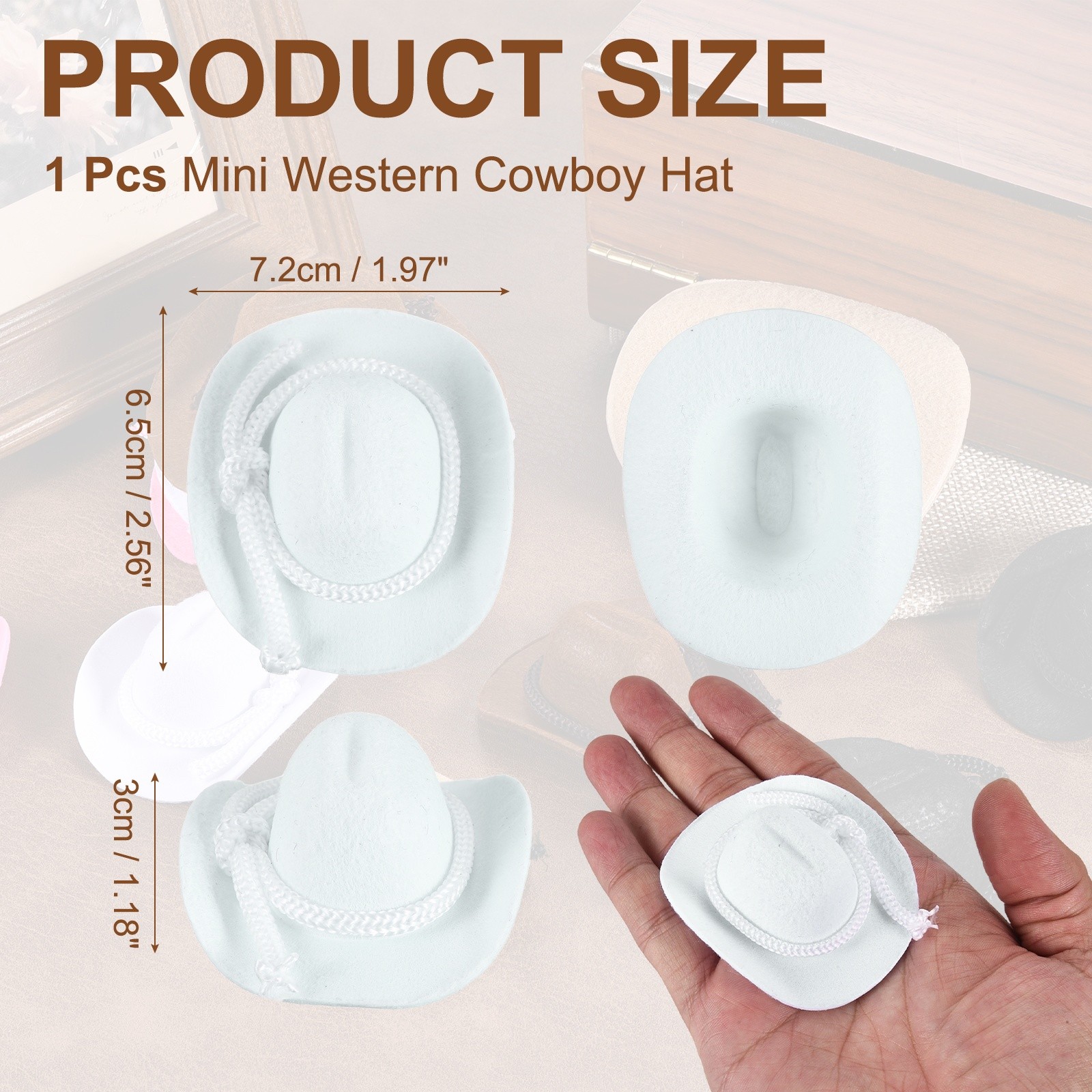 White Mini Cowboy Hats for Crafts Dolls Wedding, 6.5cm x 7.1cm x 3cm