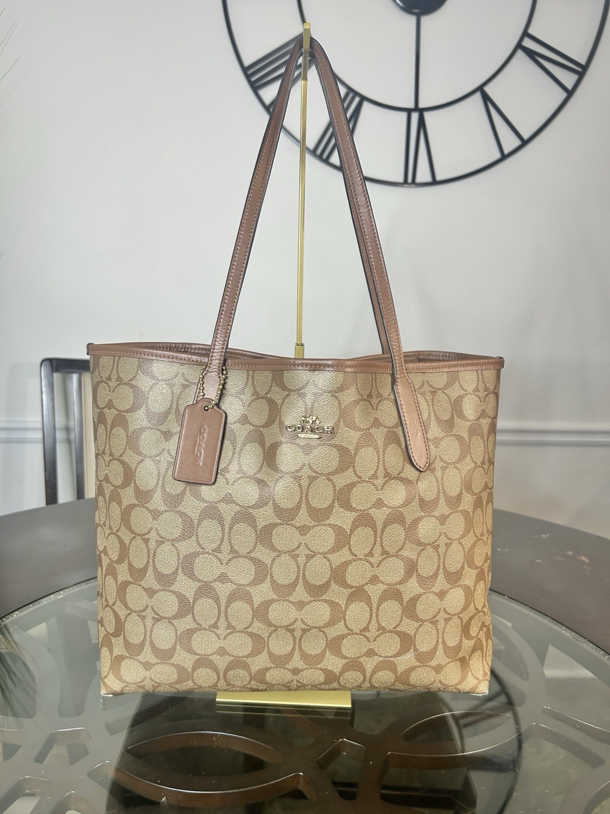 Coach 5696 Signature Canvas City Tote Bag Khaki Saddle Brown Leather