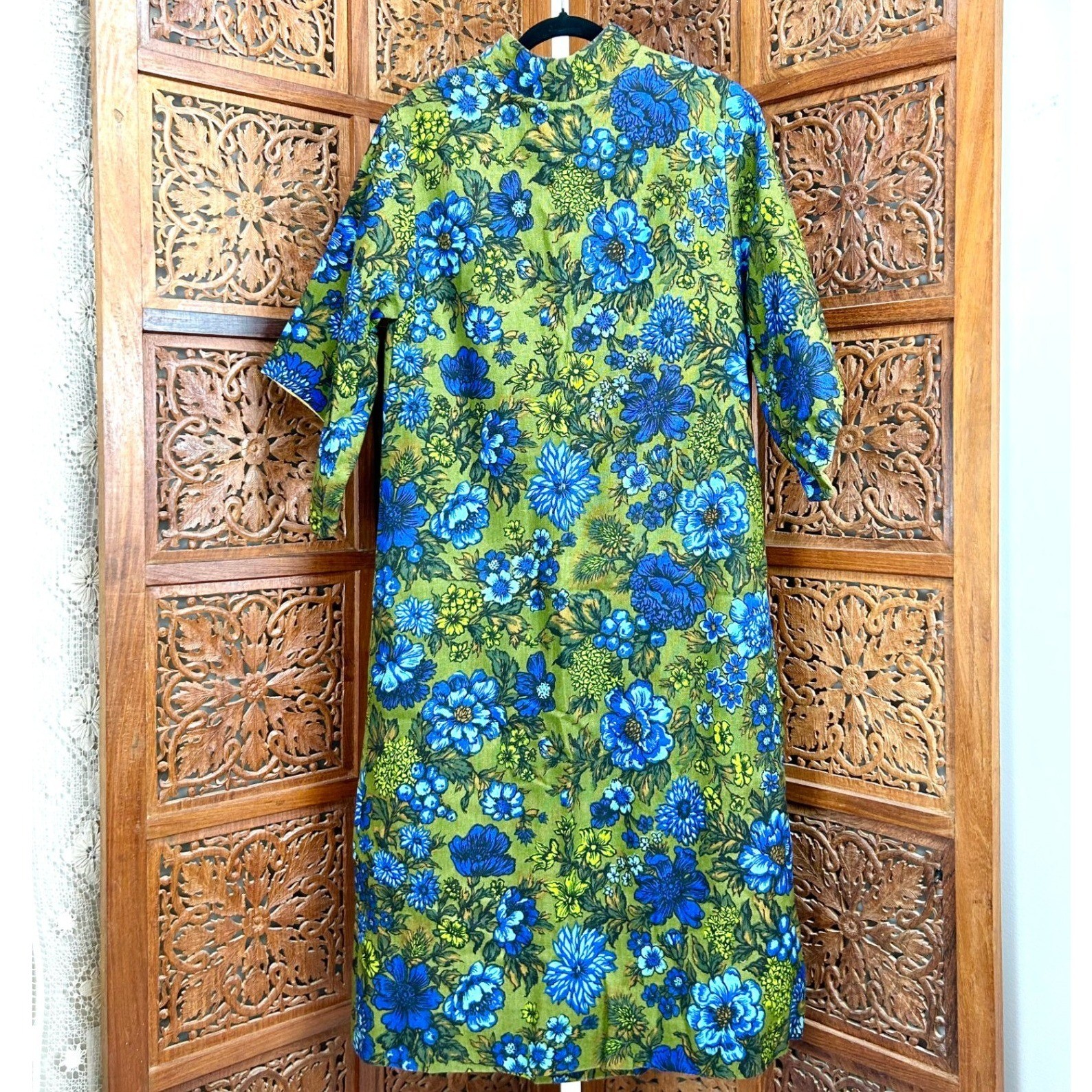 Vintage Mod MCM Blue Green Floral Shift Dress 60s Mid Century Boho Medium