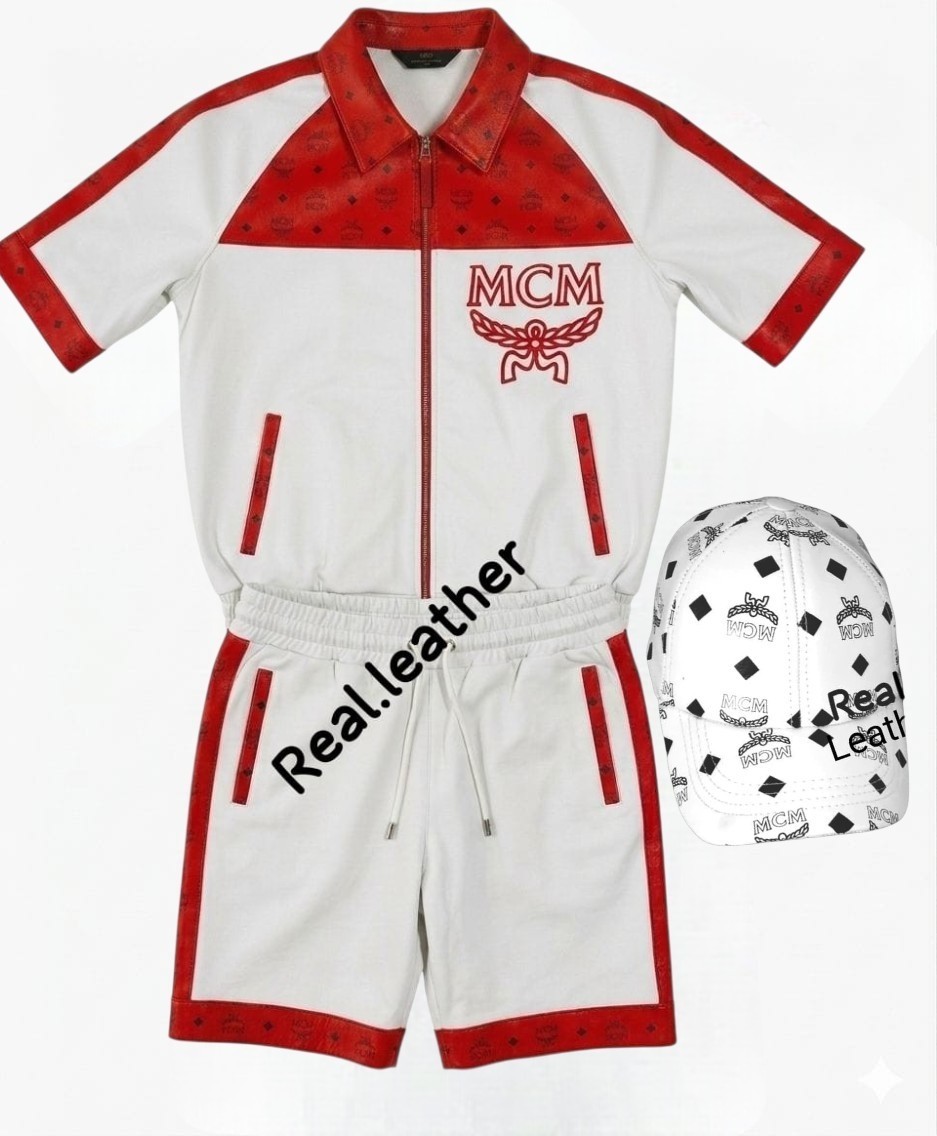 Vintage MCM Tracksuit White Red Leather Jacket & Shorts & Cap Monogram Logo