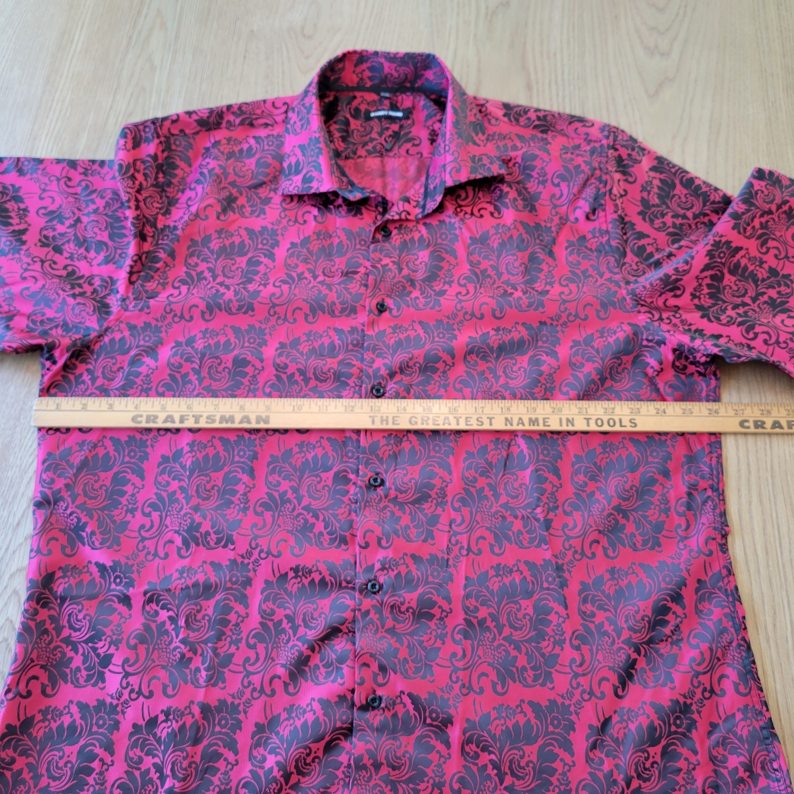 Barry Wang Long Sleeve Shirt 3XL Floral Red Black Metallic Shiny Silk Button Up