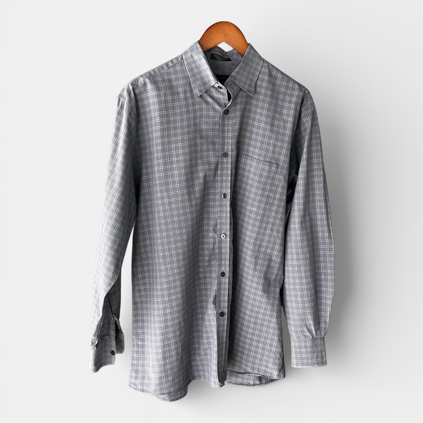 John W Nordstrom Dress Shirt Mens Large Gray Purple Plaid Egyptian Cotton Long