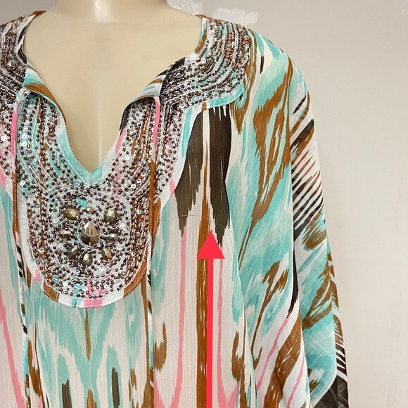 Beach Inc Boho Beaded Sheer Top Swim Cover Up Resort Wear Tan Turquoise Vacay S