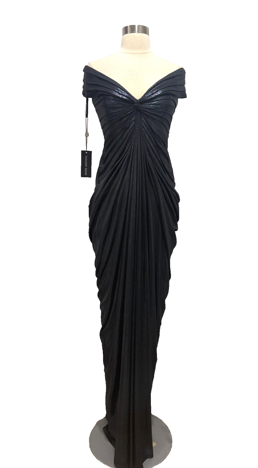 TADASHI SHOJI RUCHED OFF THE SHOULDDER BLACK METALLIC GOWN SIZE XS $488