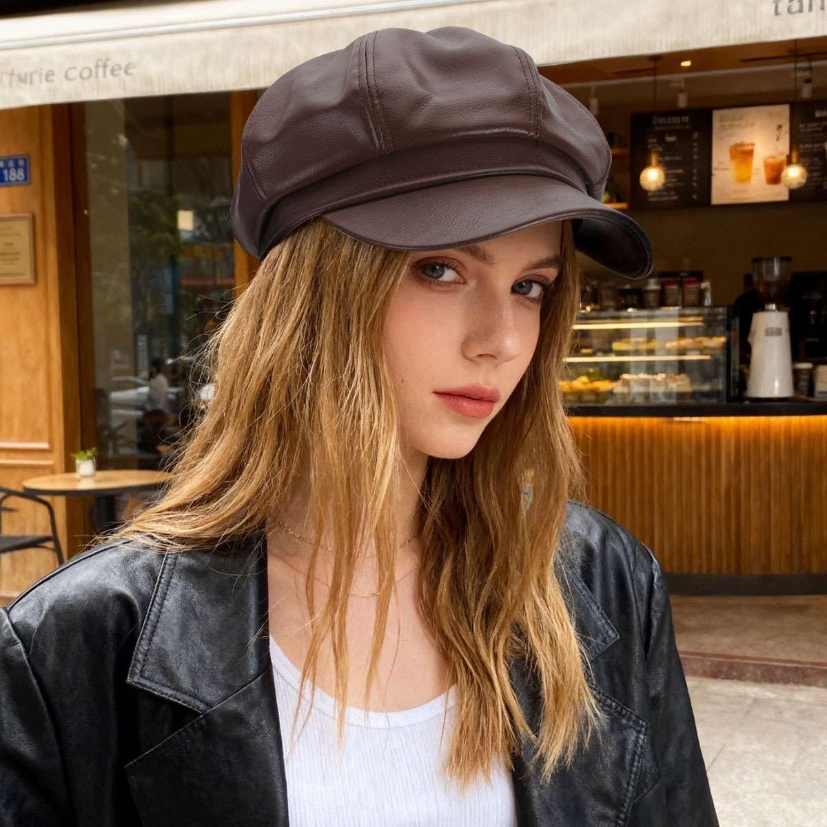 French Retro Ladies Artist PU Leather Beret Cap Baker Boy Peaked Cap Newsboy Hat