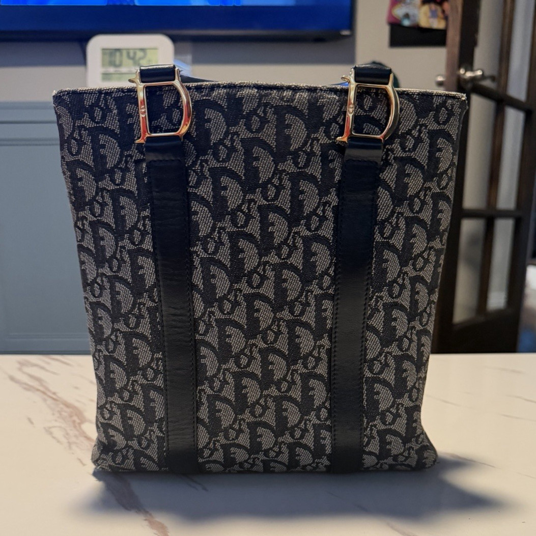 Dior vintage mongram Navy Patterned Tote Bag with Dark Blue Accents