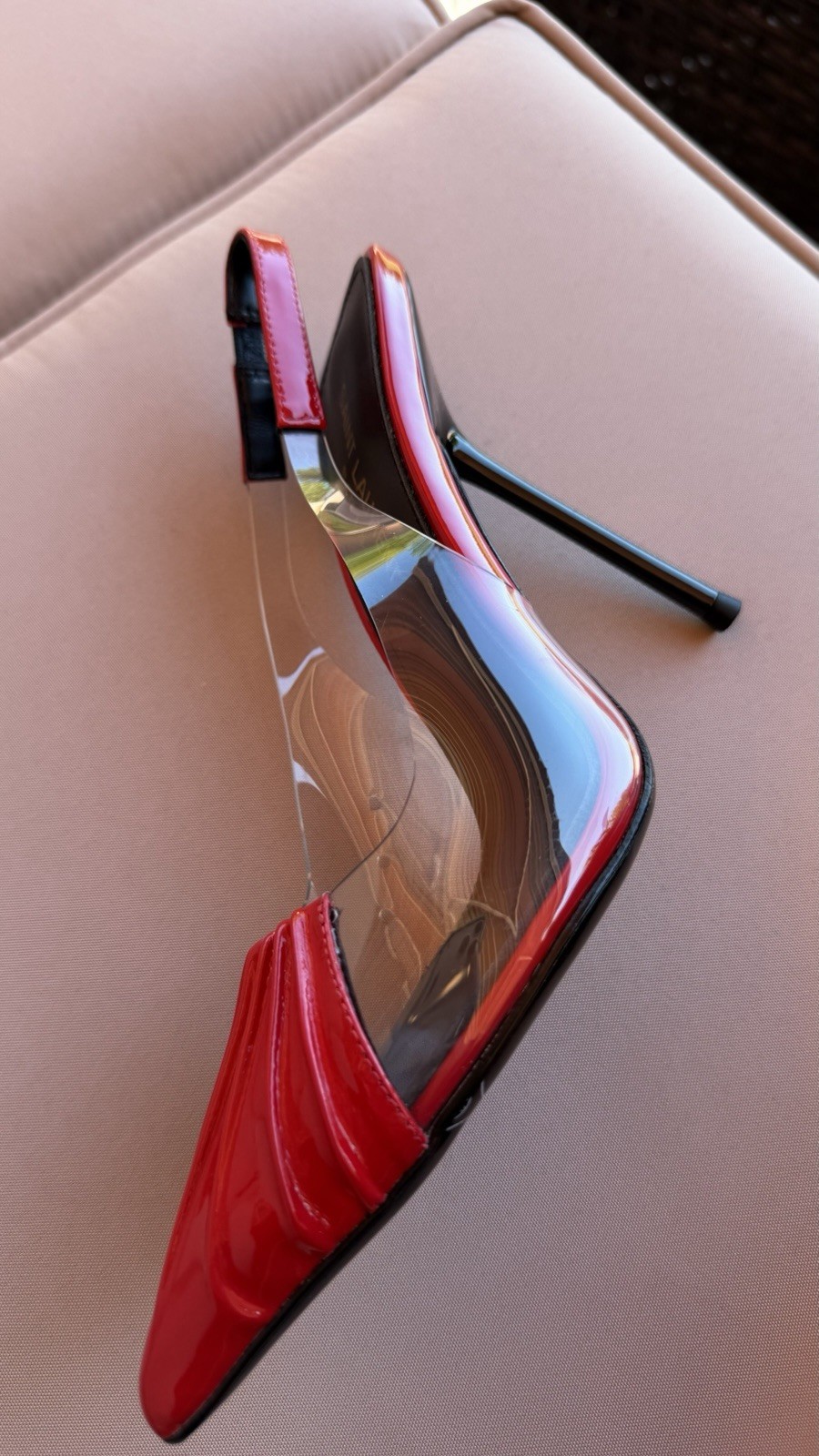 Saint Laurent Red Patent Leather & Clear PVC Pointed Toe Slingback Heels 36