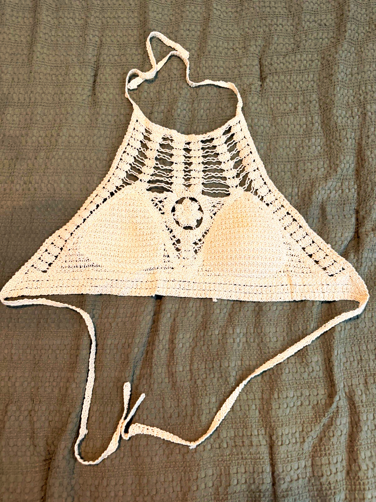 White Crochet Bandeau Bikini Swim Top Halter Strap Solid Beach Size S Cup B
