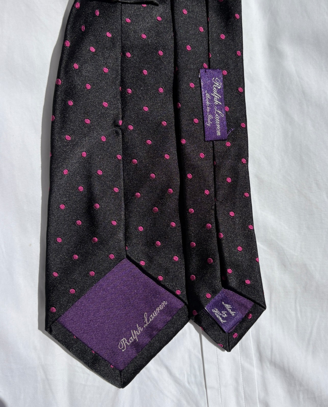 Ralph Lauren Purple Label Black Silk Tie – Woven Purple Dots – Italy – $235.00