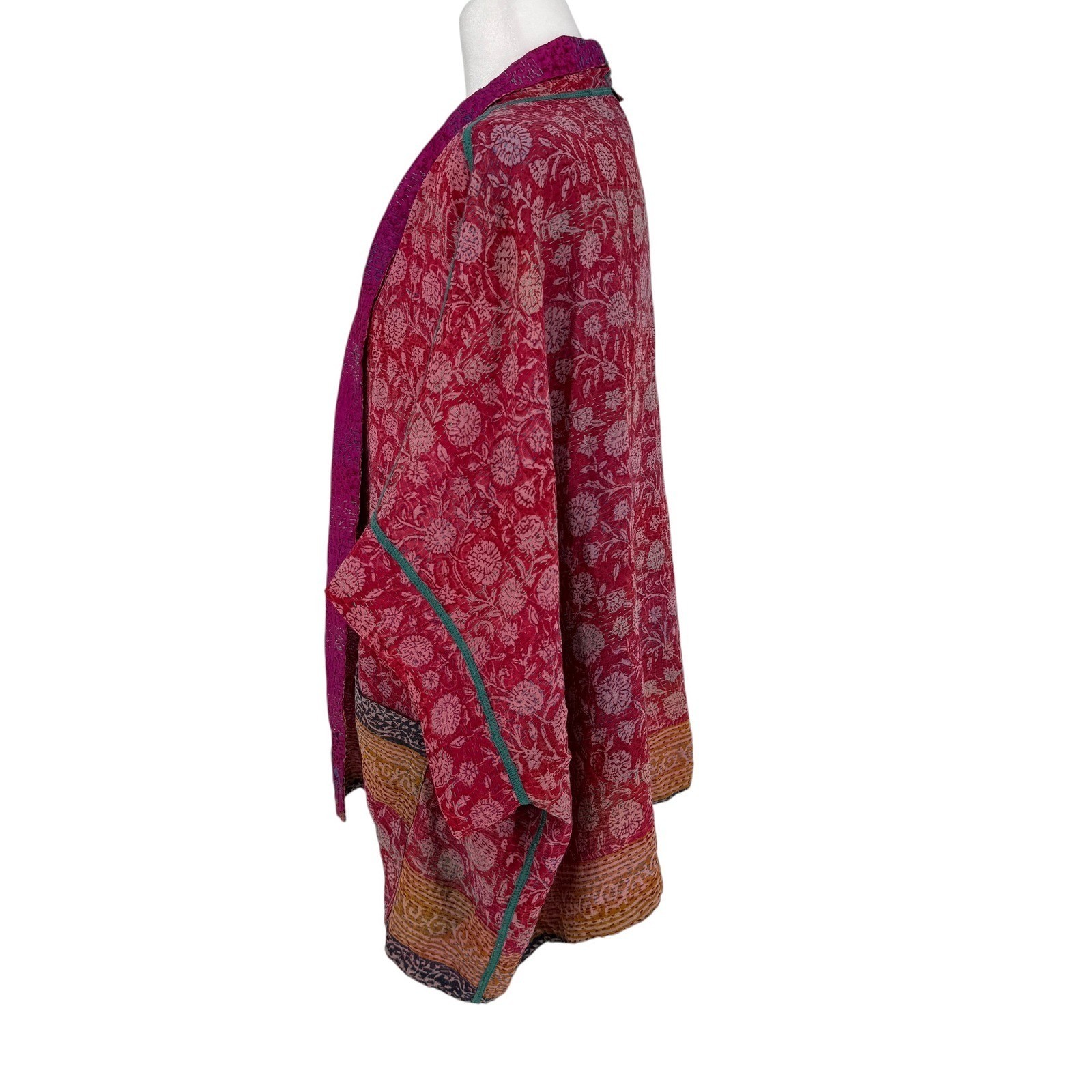 Mieko Mintz Reversible 100% Silk Kantha Jacket Red Blue Floral Bandhani OS India