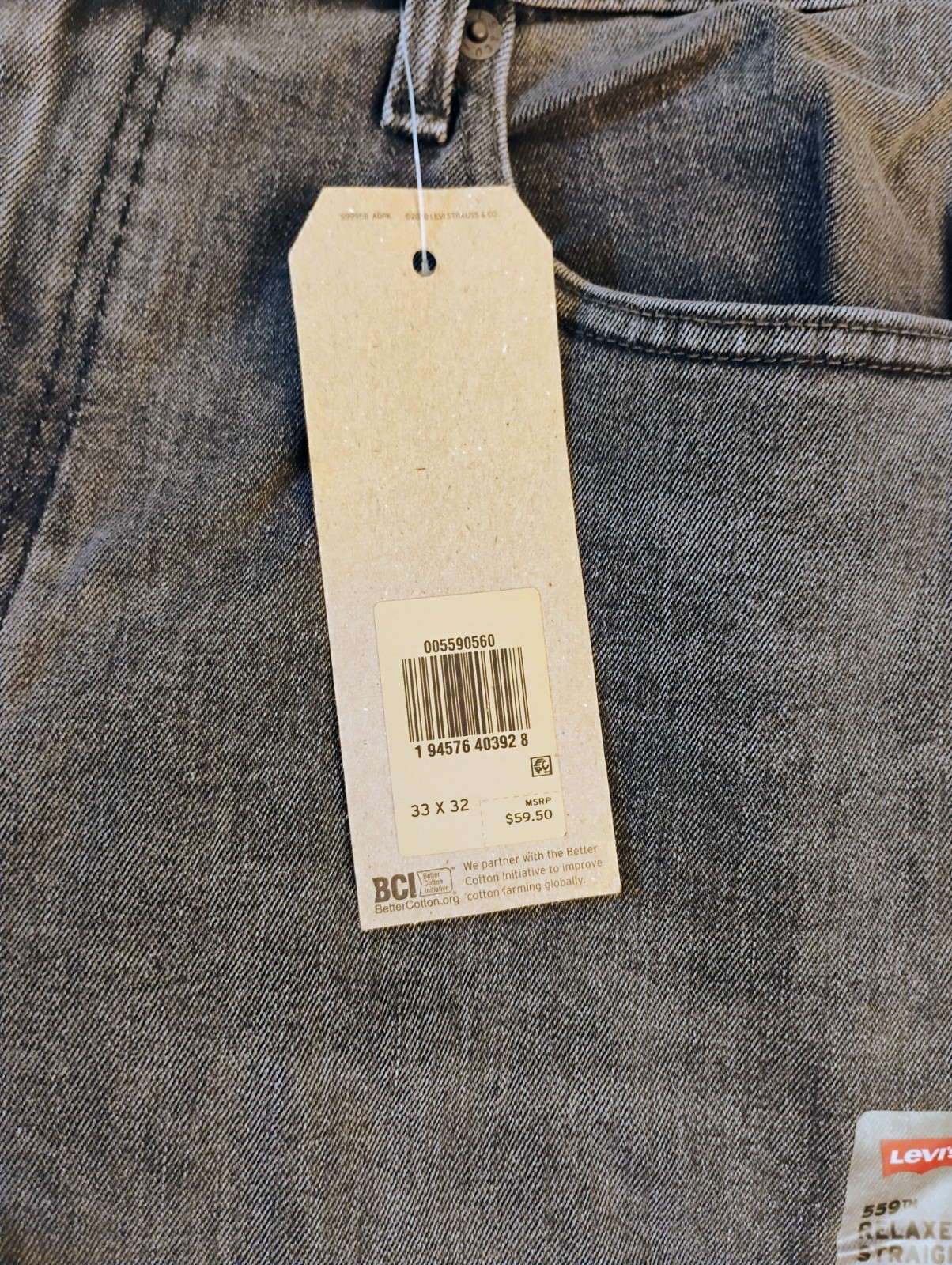 New 33×32 Levi’s 559 Stretch Jeans in Grey ~ Straight Relaxed Stretch 65% cotton