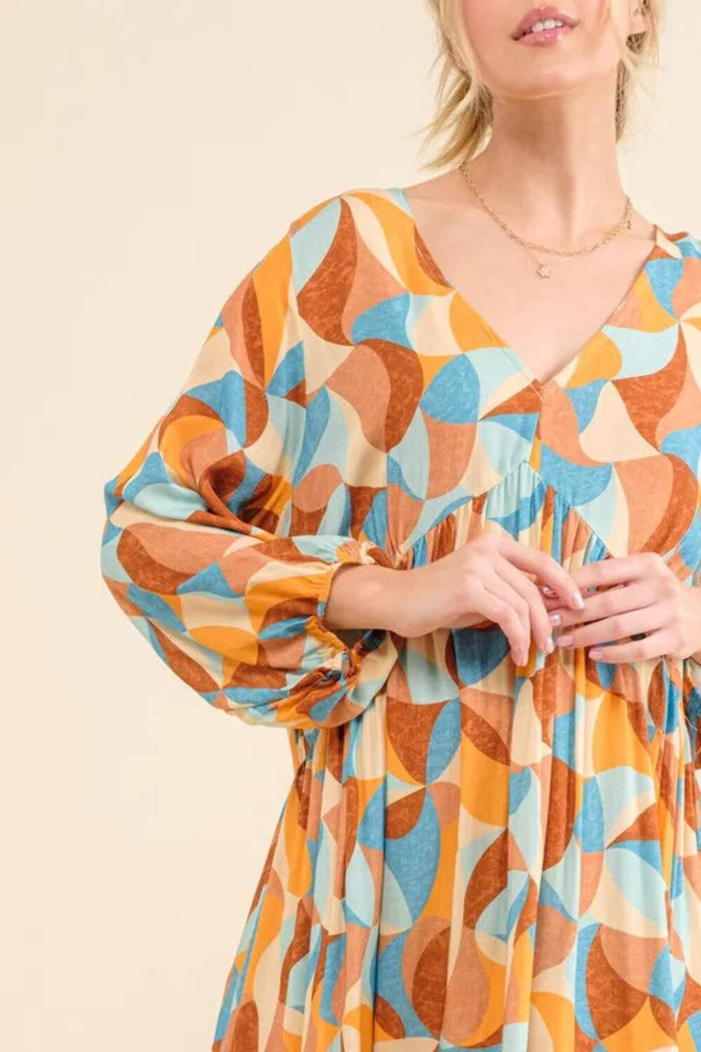 And The Why Rayon Colorful Geometric Open Back Puff Sleeve Casual Dress