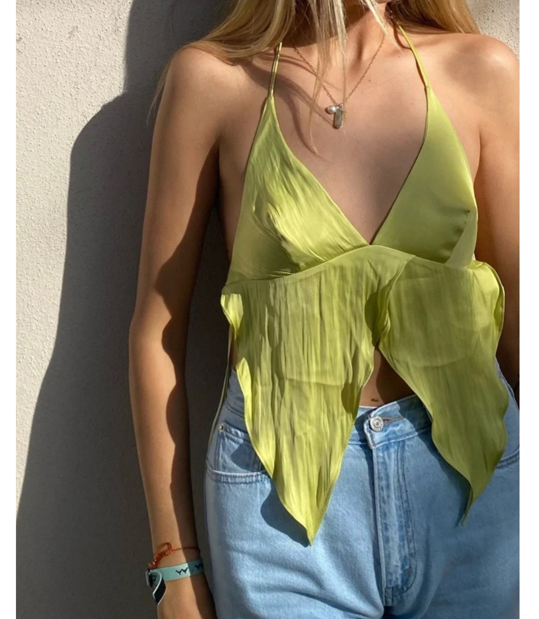 Pitaya Pretty Garbage Open Back Flowy Halter Tank Top Size Small Green Butterfly