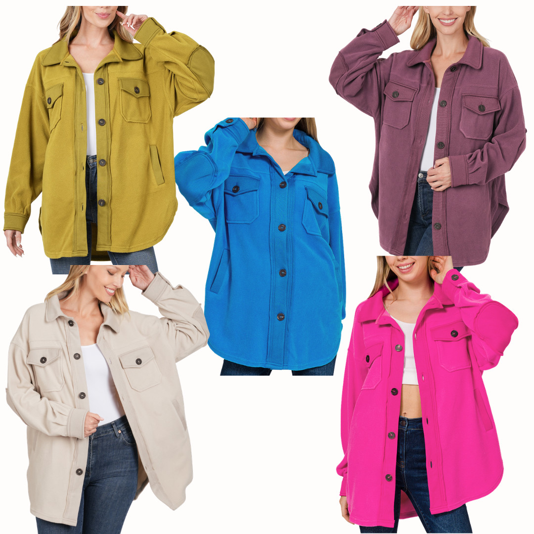 Oversized Fleece Shacket Jacket – Hi‑Low Hem, Button Front, Elbow Patches, Vario