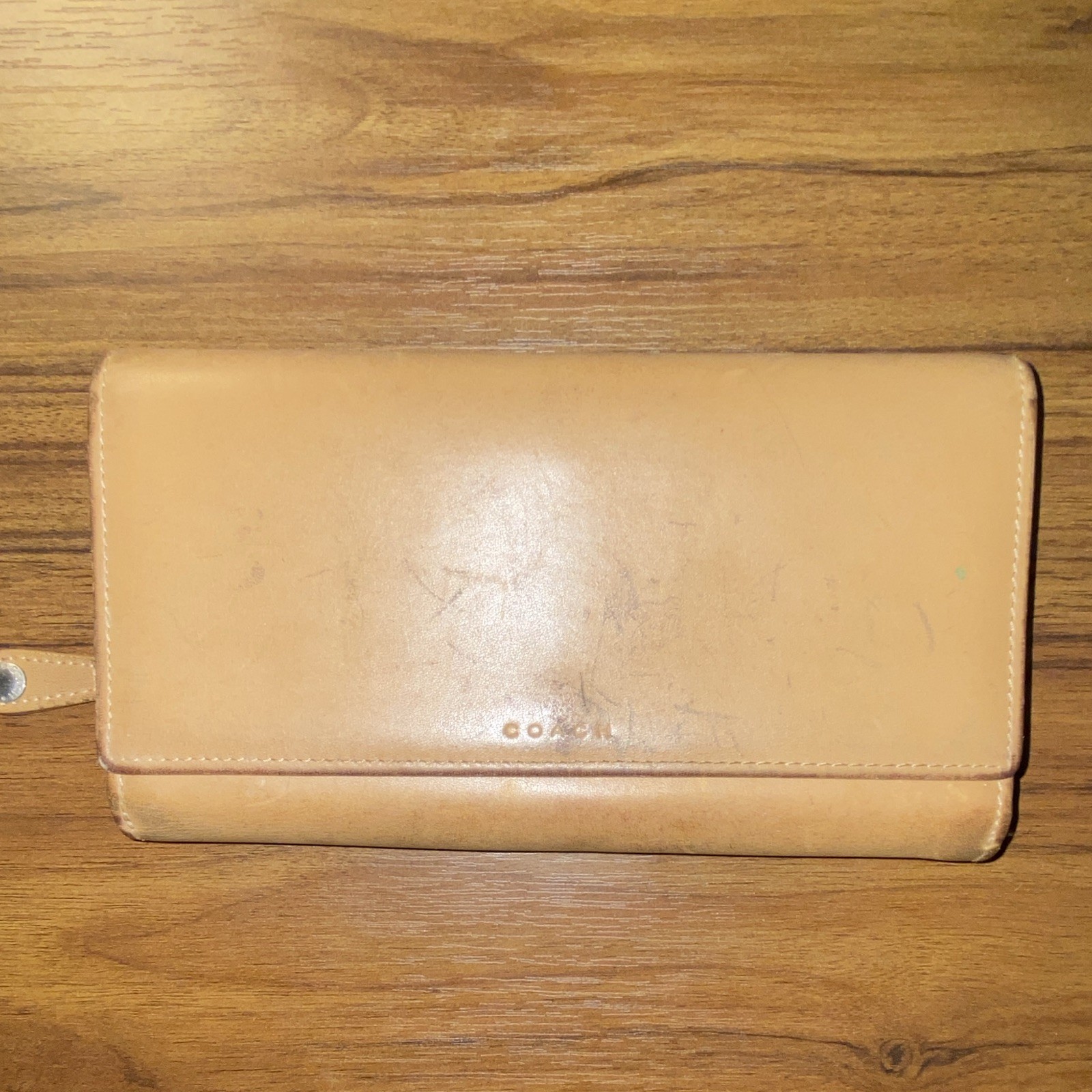 COACH Women’s Tan Solid Checkbook Wallet w/ Snap Closure, ID Window, Folding