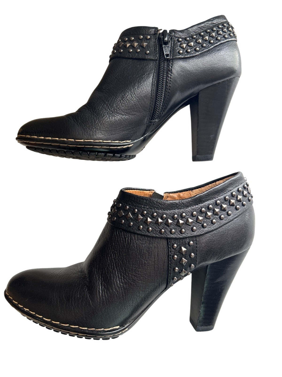 Sofft Black Leather Studded Ankle Boots With Side Zipper & Textured Outsole 6.5M