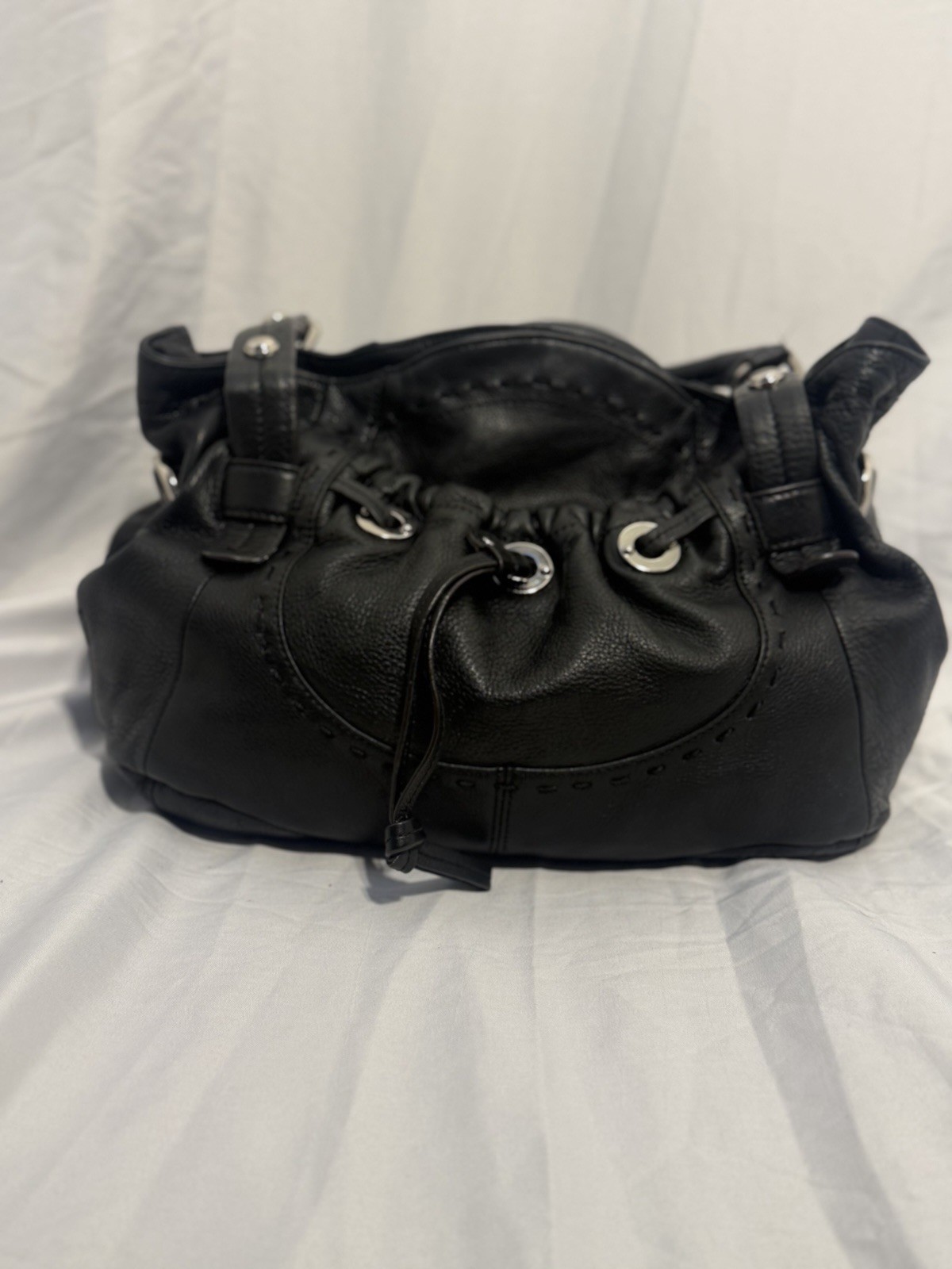B Makowsky Black Soft Leather Hobo Shoulder Bag Purse Leopard Interior