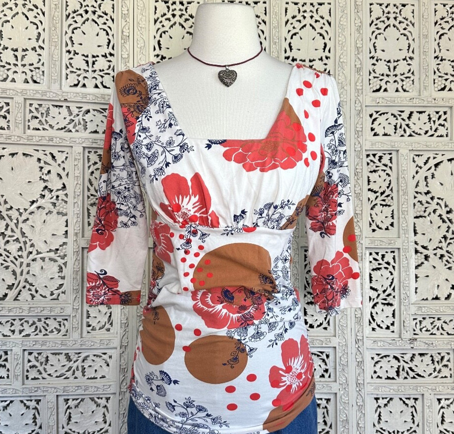 Cabi Square Neck Floral Ruched 3/4 Sleeve Blouse Sz Medium