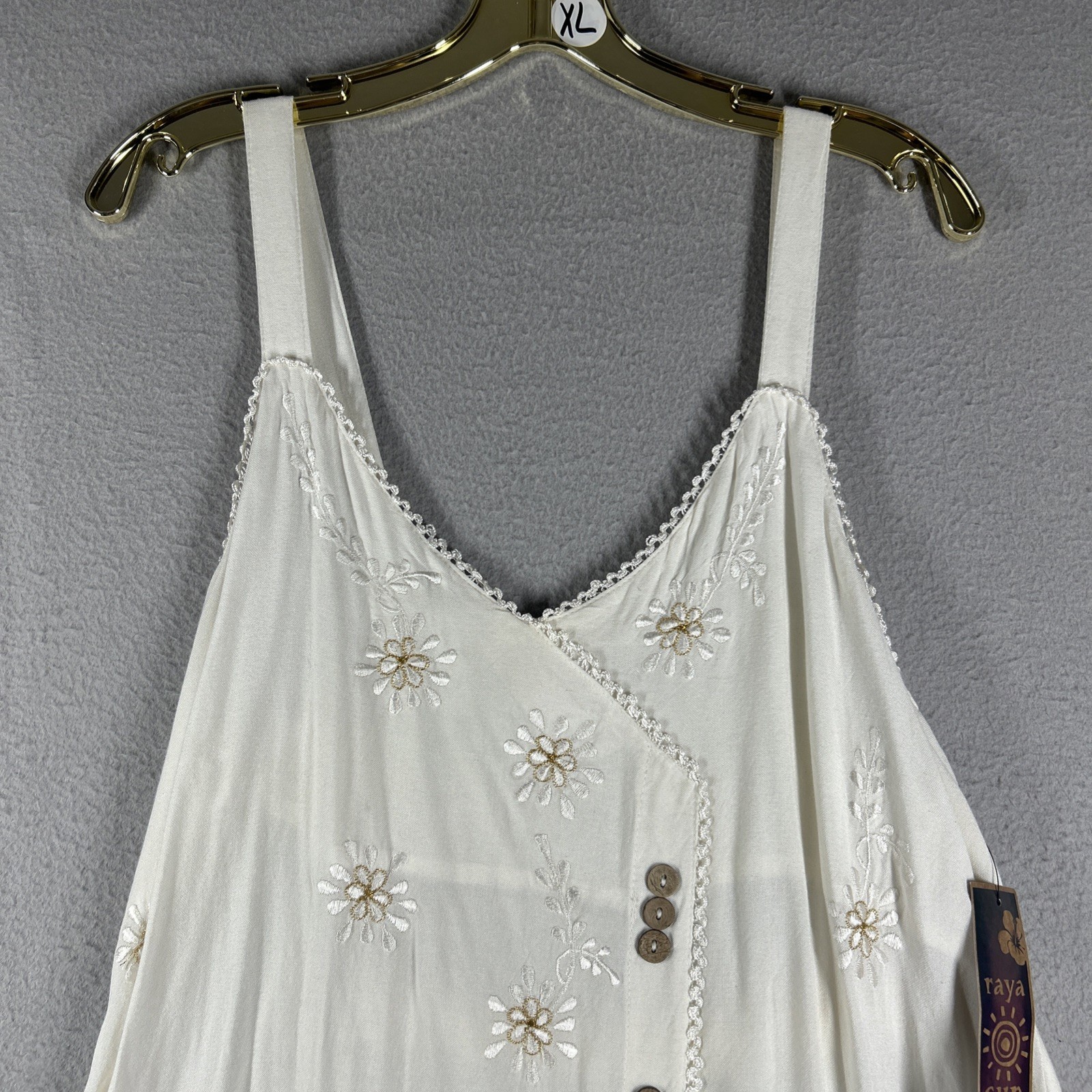 Raya Sun Women’s Size XL Boho Embroidered Sundress Lace Trim Hand Wash Beige 38”
