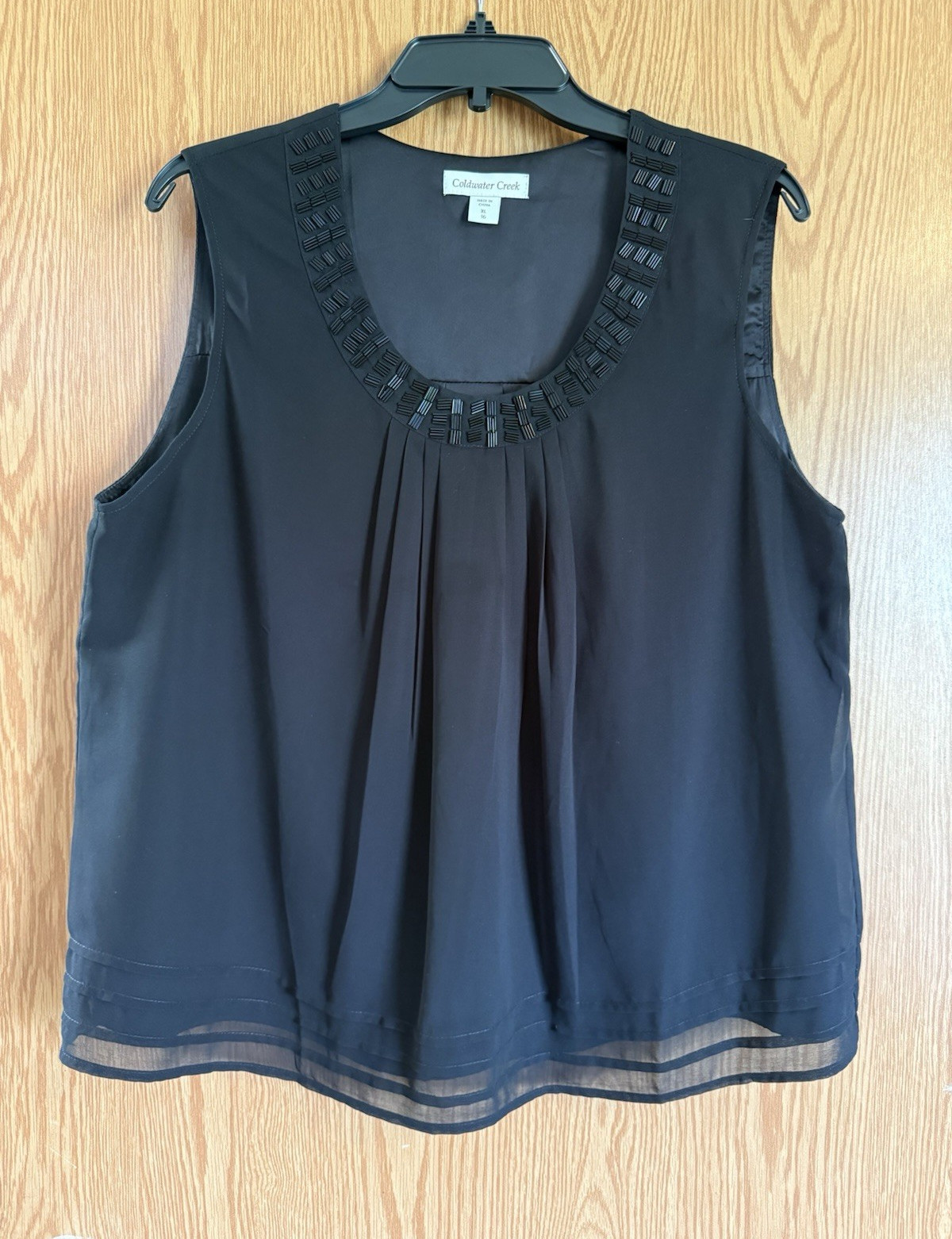 Coldwater Creek Women’s Black Beaded Neck Sheer Chiffon Tank Blouse XL