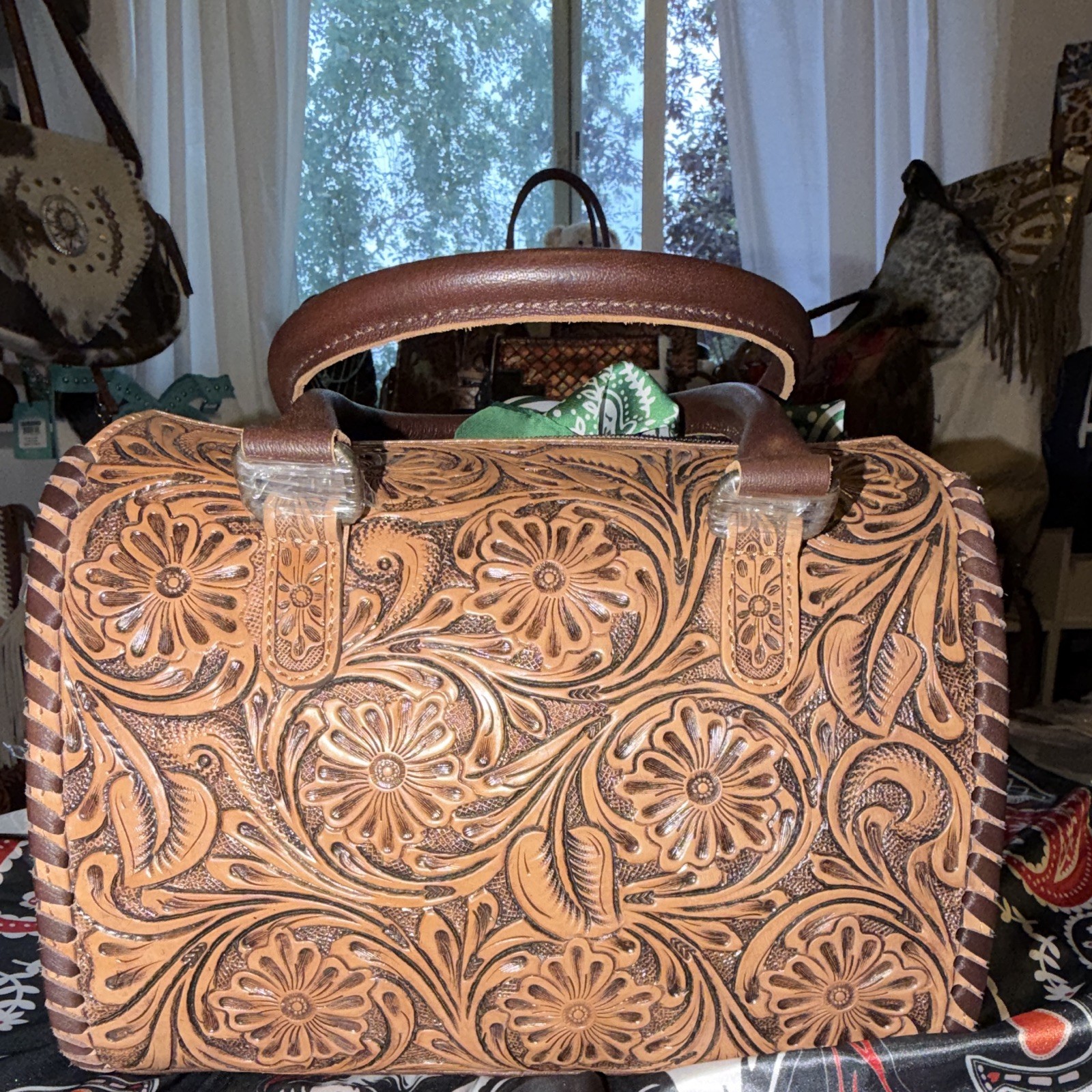 Handmade Tooled Floral Western Satchel Top Handle Zip Bag Brown Alien Charm