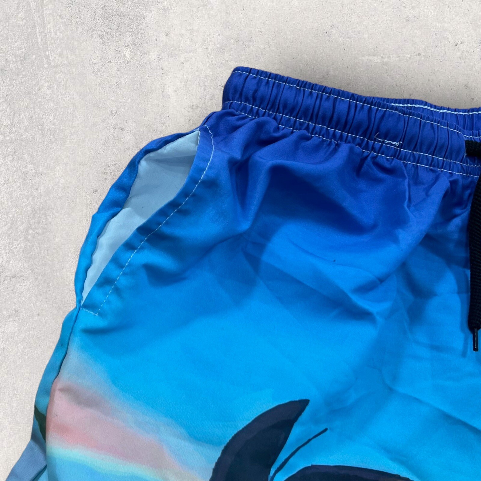 Dragon Ball Z Shorts Mens 26 Blue Ombré Swim Trunks Elastic Waist Goku Palm Tree