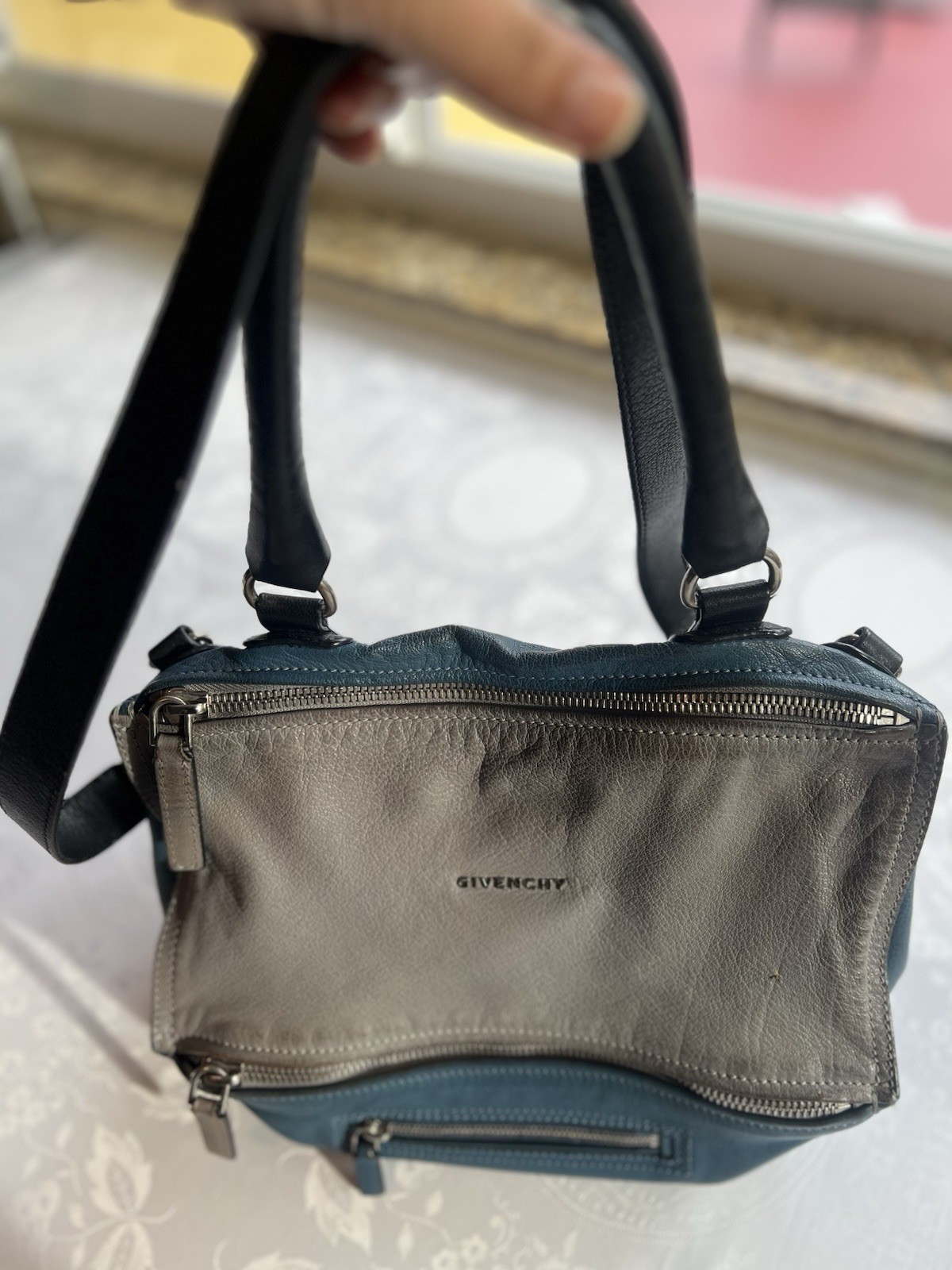 Givenchy Pandora Medium Leather Bag Satchel Sugar Goatskin Blue/Gray Two Tone