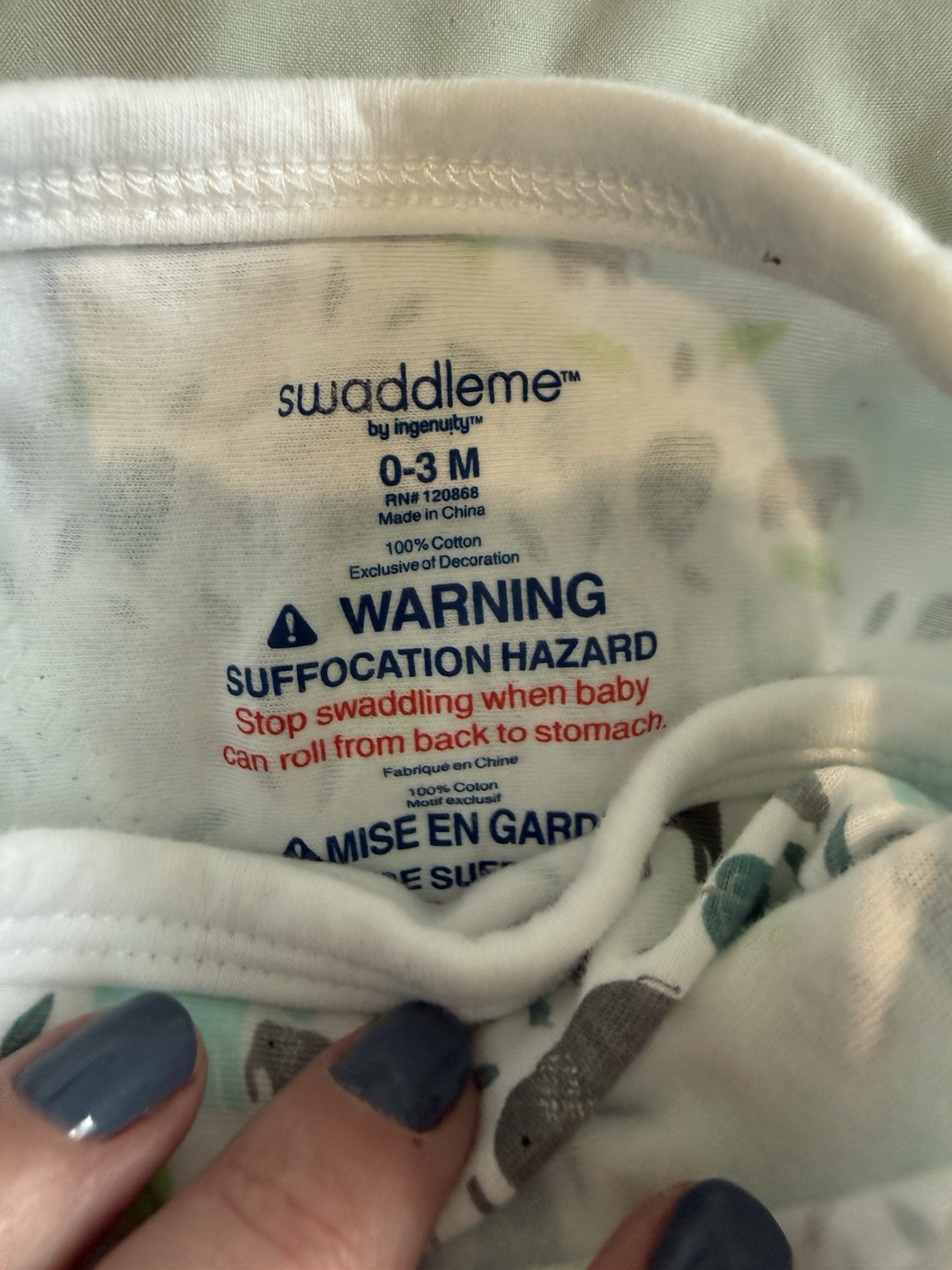 SwaddleMe by Ingenuity 0-3M 100% Cotton Swaddle Wrap Elephant Print Hook & Loop