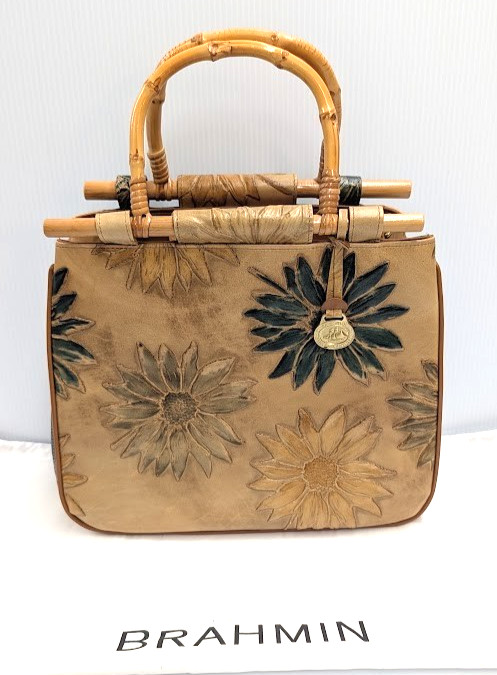 RARE Brahmin Embossed Leather Floral bag with Bamboo Handle