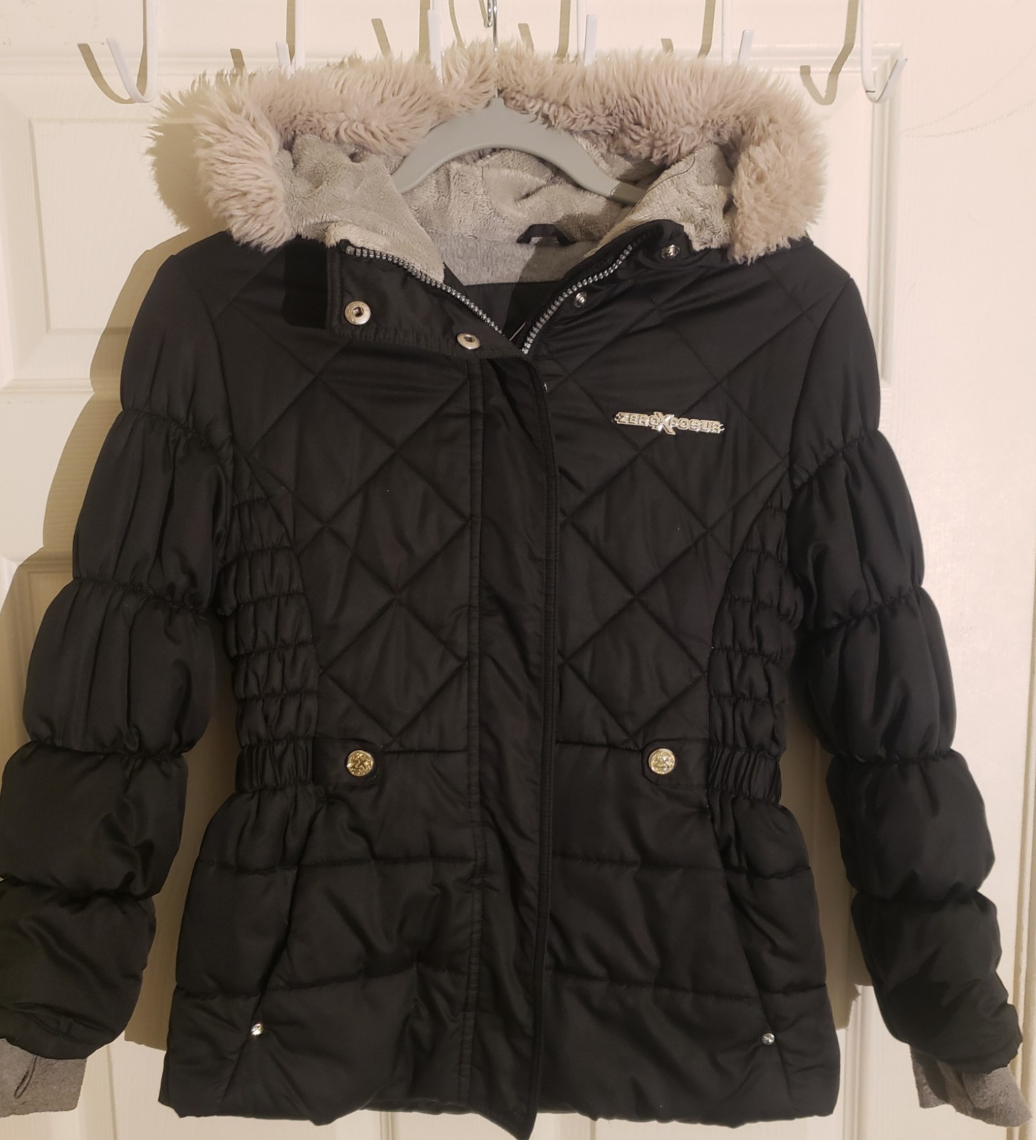 ZeroXposur Youth Winter Faux Fur Hooded Black Jacket Girls Coat Size M 10 12