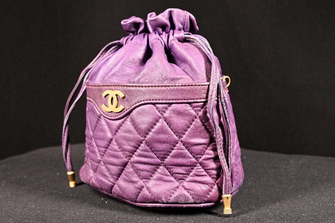 CHANEL Lambskin Matelass Turn Lock Drawstring Chain Backpack Purple Auth