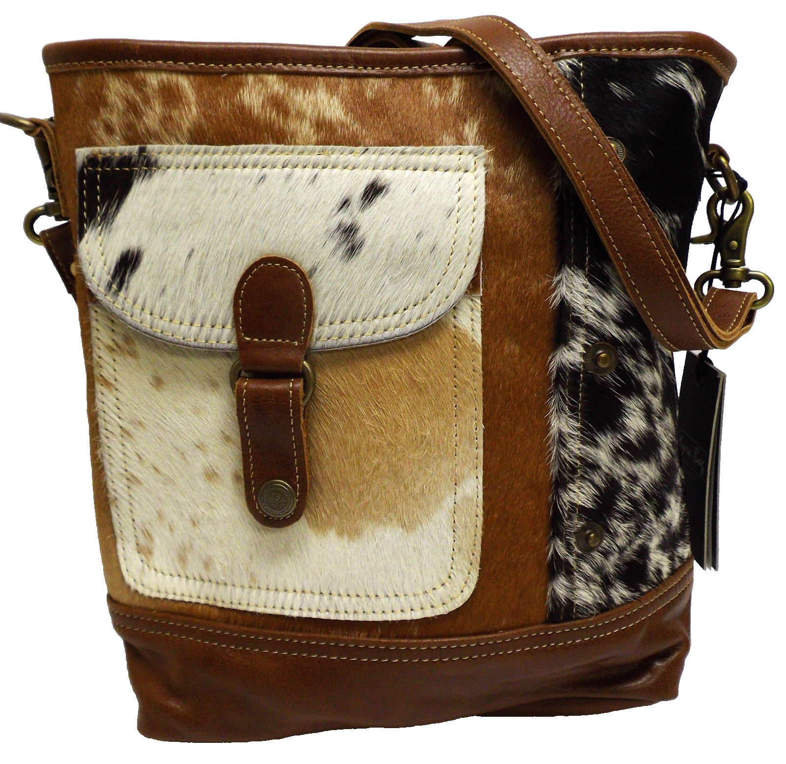 MYRA Bag Brown/White/Black Cowhide Leather CROSSBODY Hair-On Adjustable Straps
