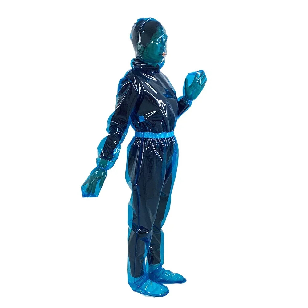 Plastic Full Body Suit Sexy See-through Clear PVC Long Sleeve Hooded Jumpsuit