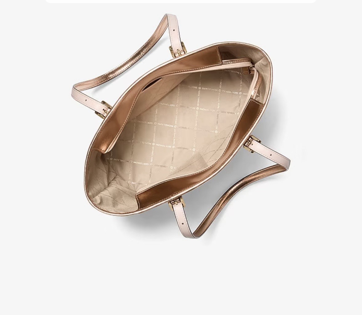 Michael Kors Jet Set Small Metallic Logo Top-Zip Tote Beige Rose Gold Charm