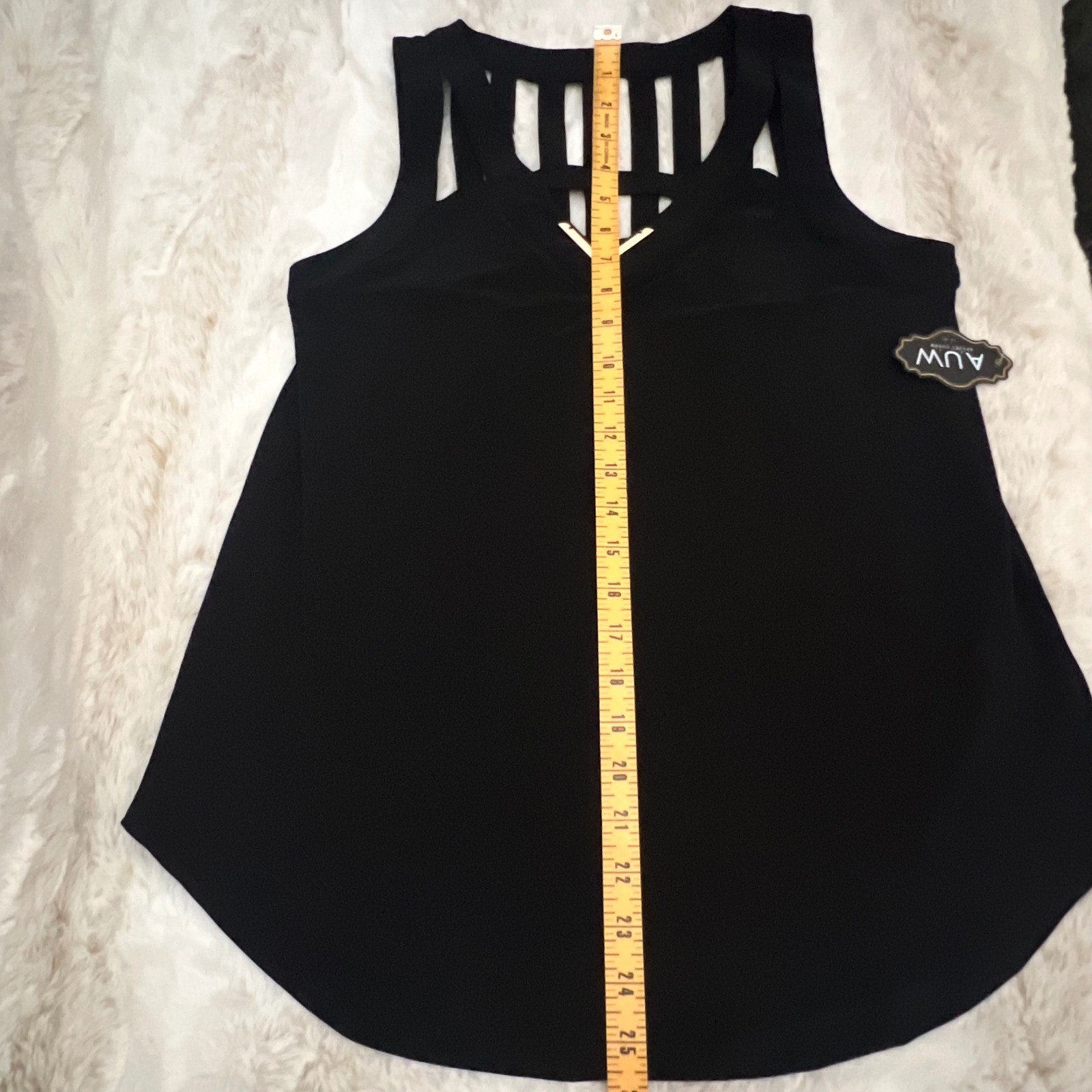 NWT AUW Black Sleeveless Top Cutout Neckline Gold Detail Modern Blouse
