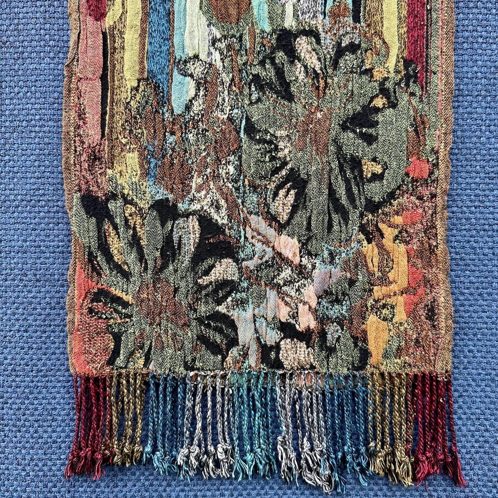 Art To Wear Silk Viscose Woven Scarf Nepal Abstract Floral Fringe Boho Wrap