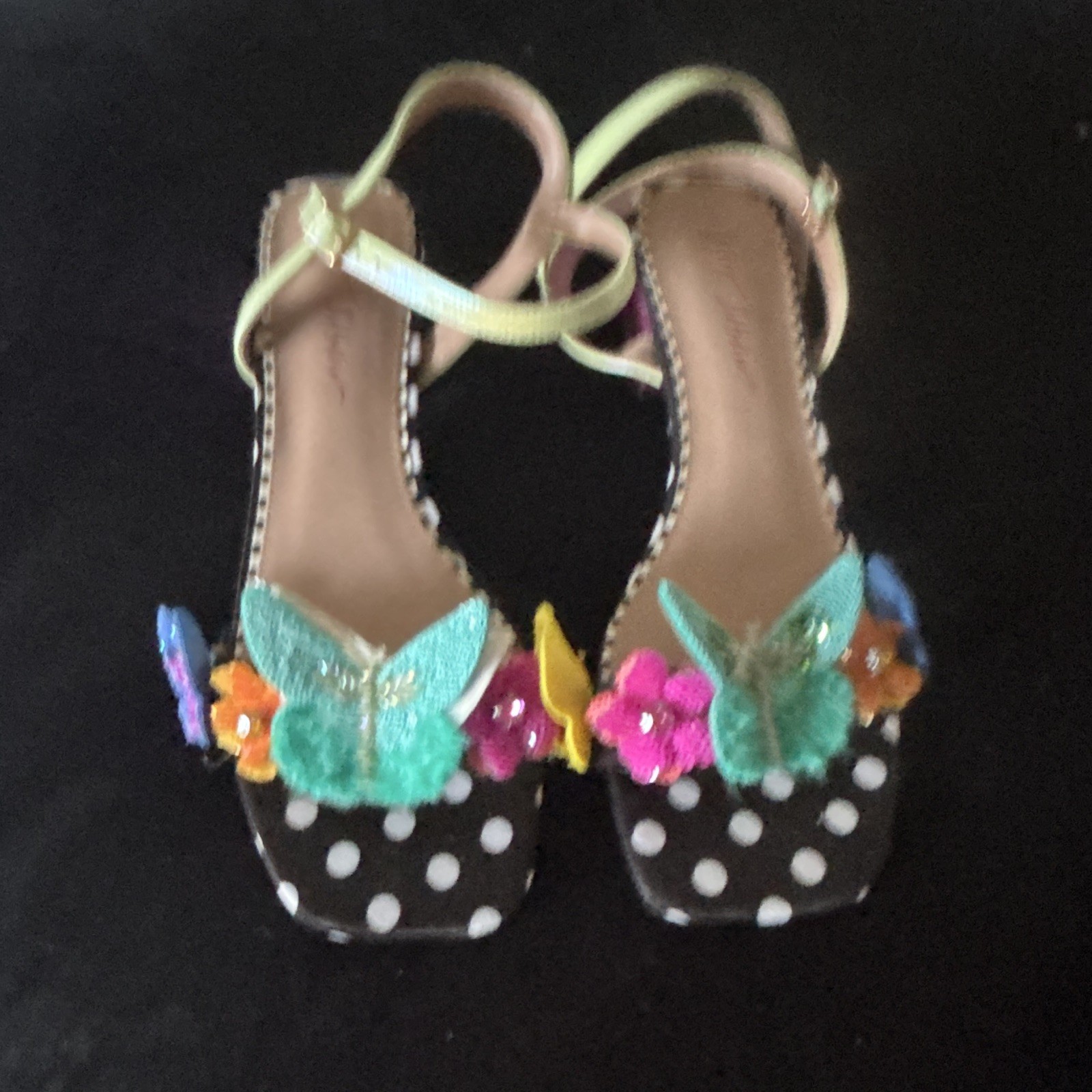 Women’s Black/White Polka Dot Ankle Strap Block Heel Sandals Butterfly Flower
