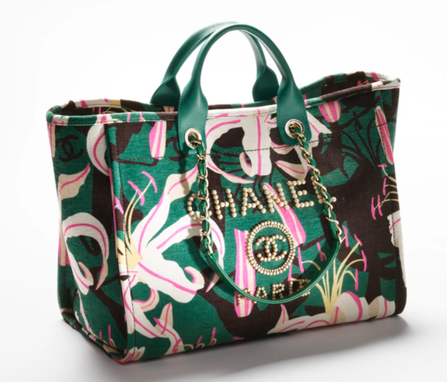 New 23A CHANEL LARGE Shopping Deauville Tote Pink Lilly Green Black + Pouch Bag