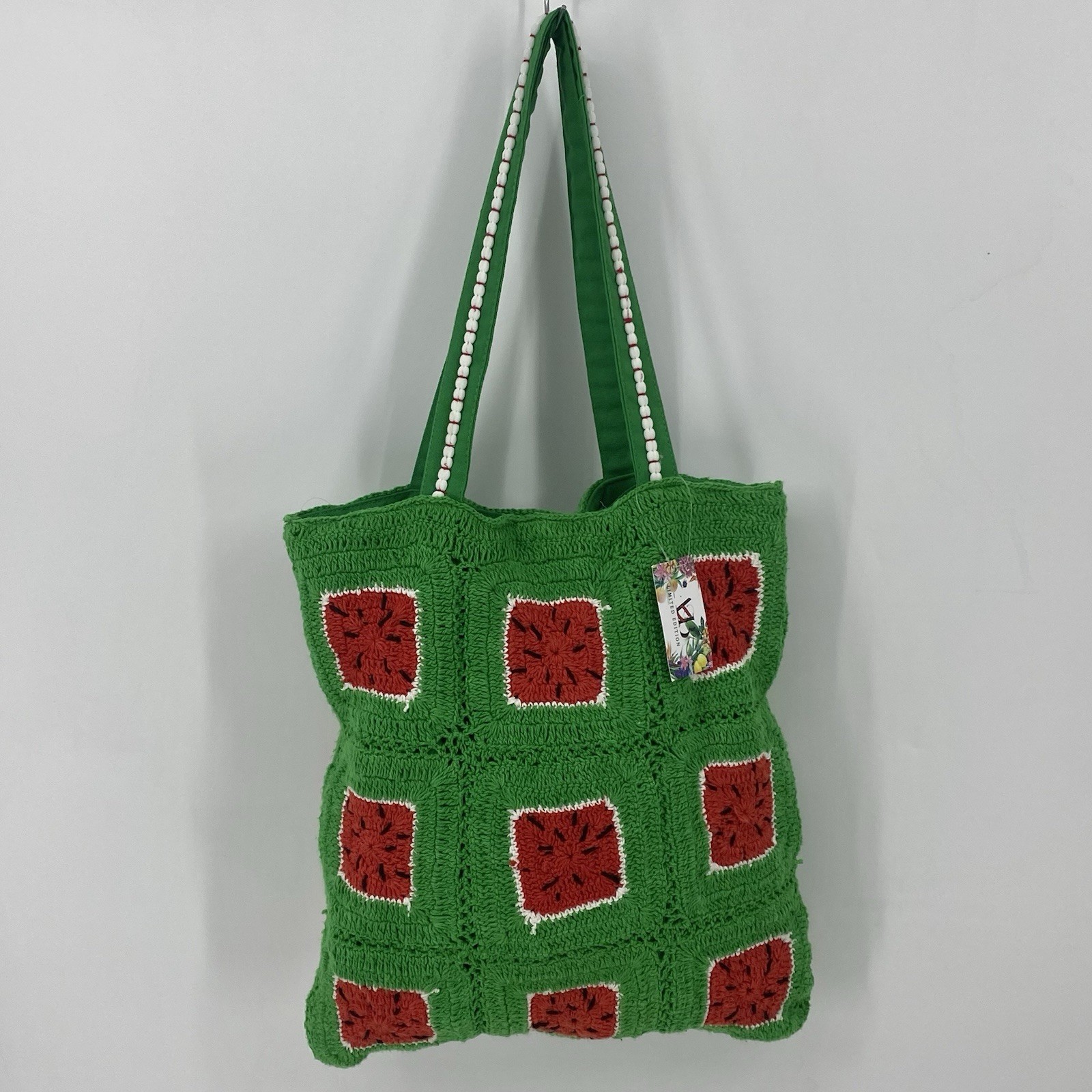 A & B Crochet Granny Square Green Red Black Watermelon Tote Bag NWT