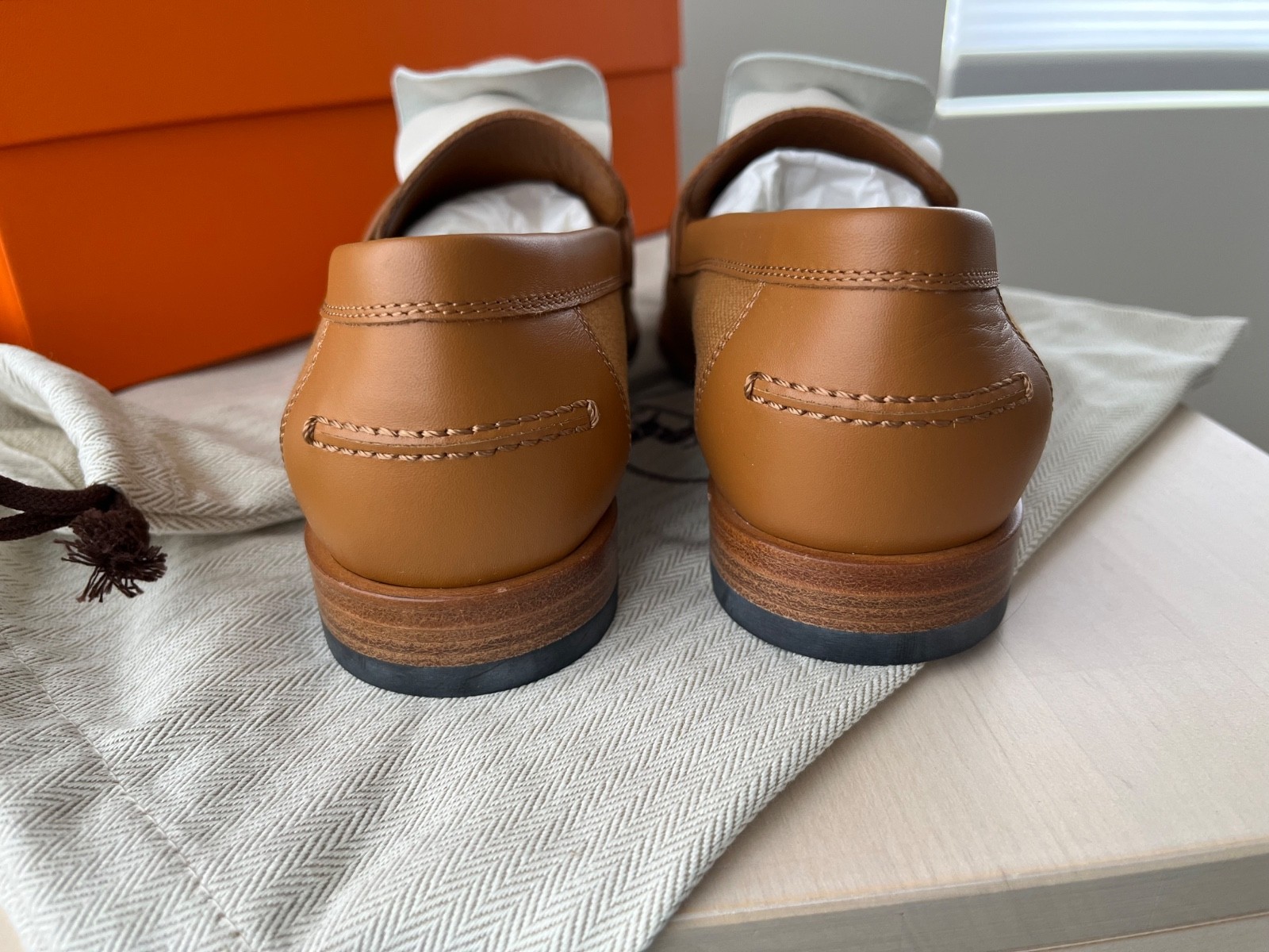 NIB Hermes Destin Loafer Toile/Veau Leather Naturel/Beige Dore 38