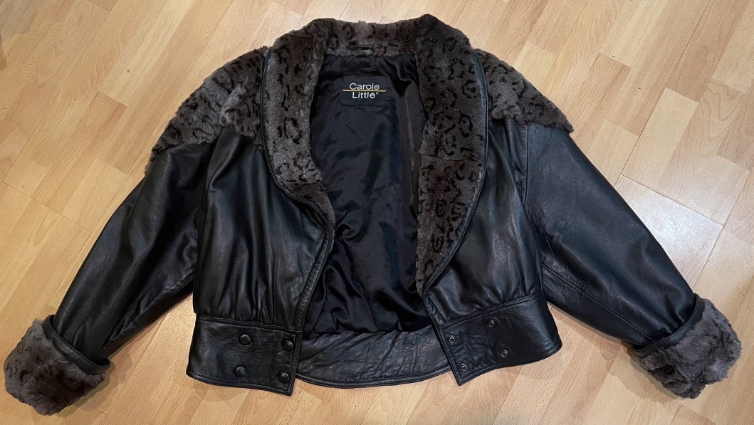 80s Carole little leather jacket with leopard print fur /Mob Wife /size: Medium/