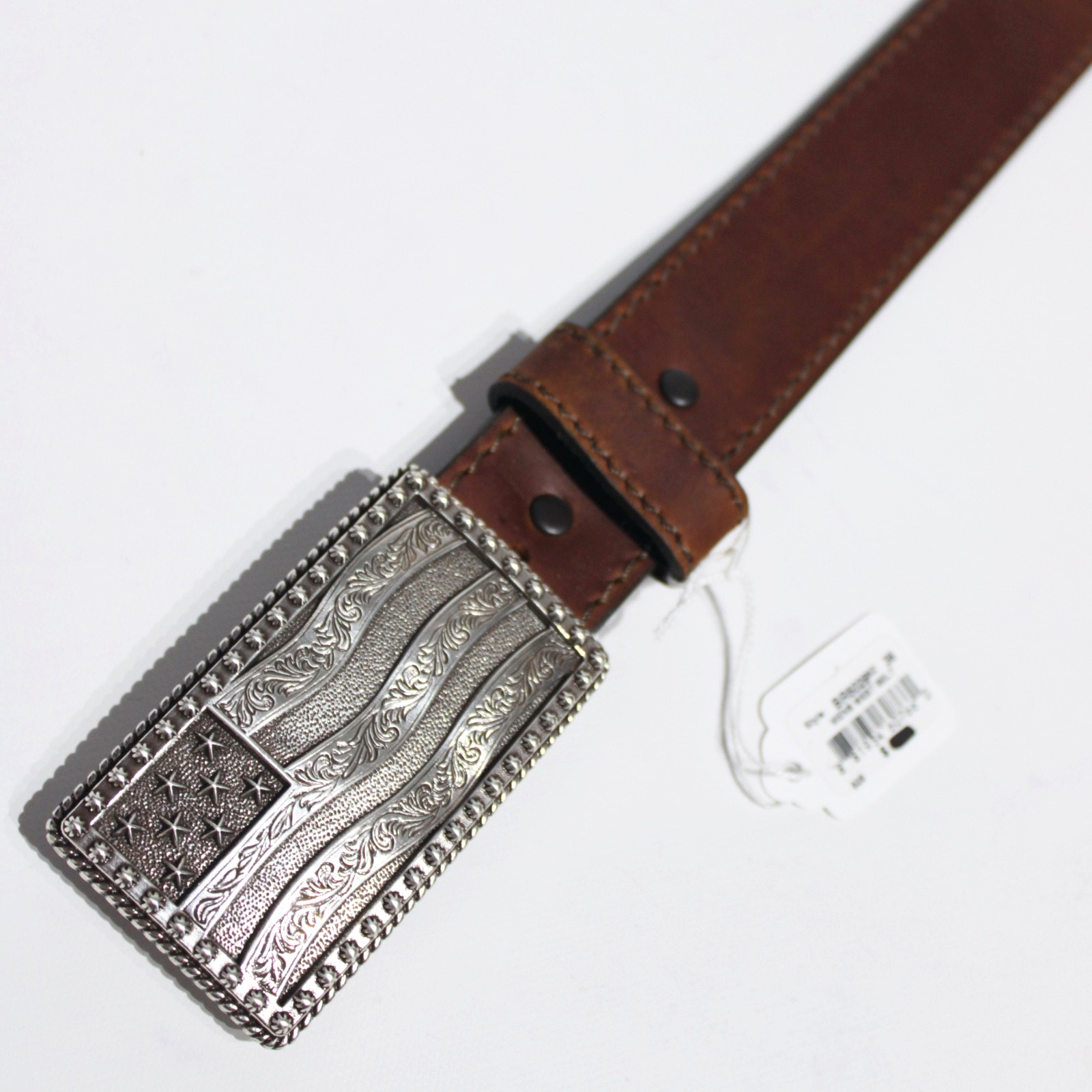 NWT Justin USA American Flag Brown Leather Western Belt Men Size 36 (45″ x 1.5″)
